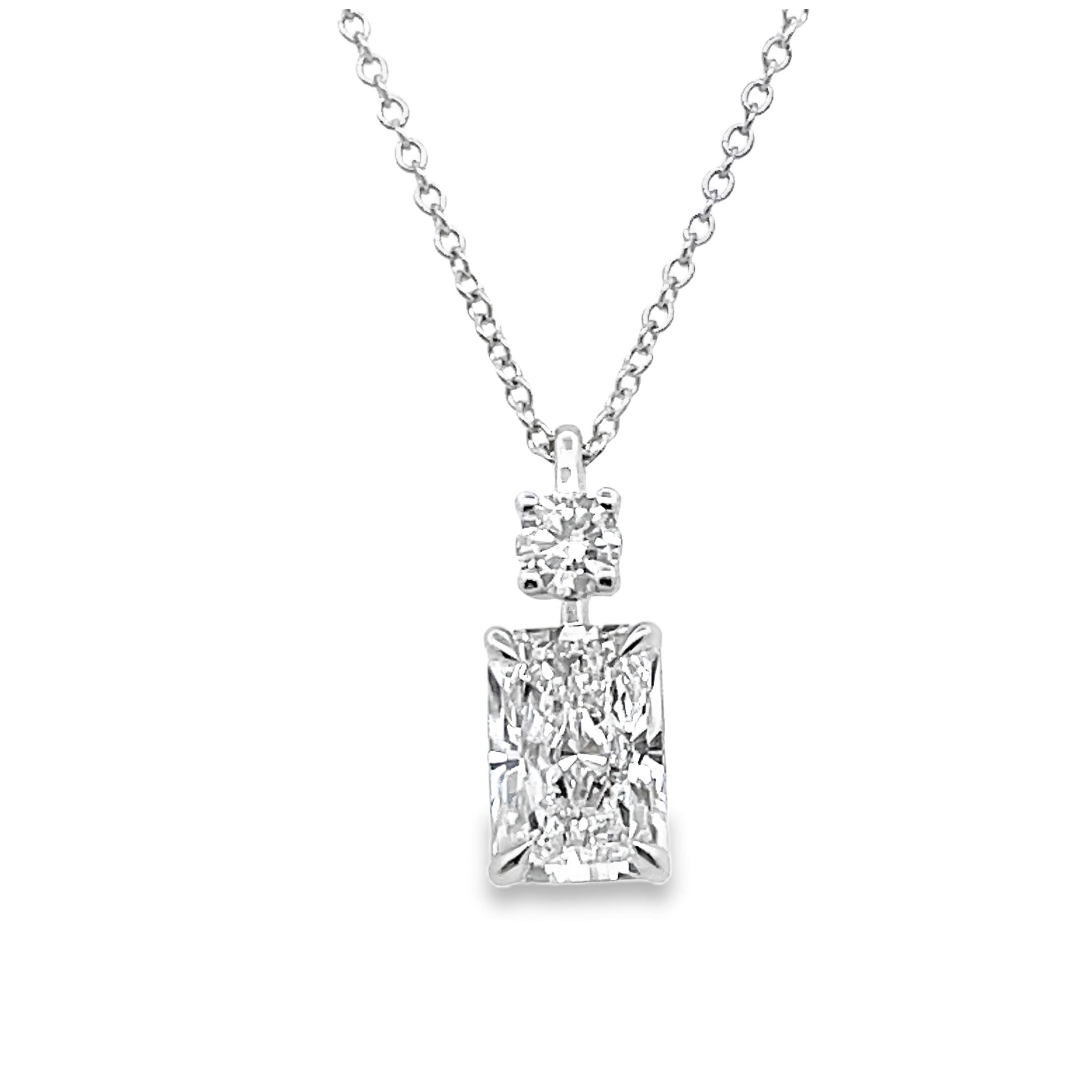SUPER MAN MADE CREATED 2.33CTW TWO DIAMOND PENDANT/CHAIN CONTAINING: 2.16CT RADIANT CUT DIAMOND F VS1 IGI LG578348529 + .17CT ROUND DIAMOND 14KW  CHAIN INCLUDED