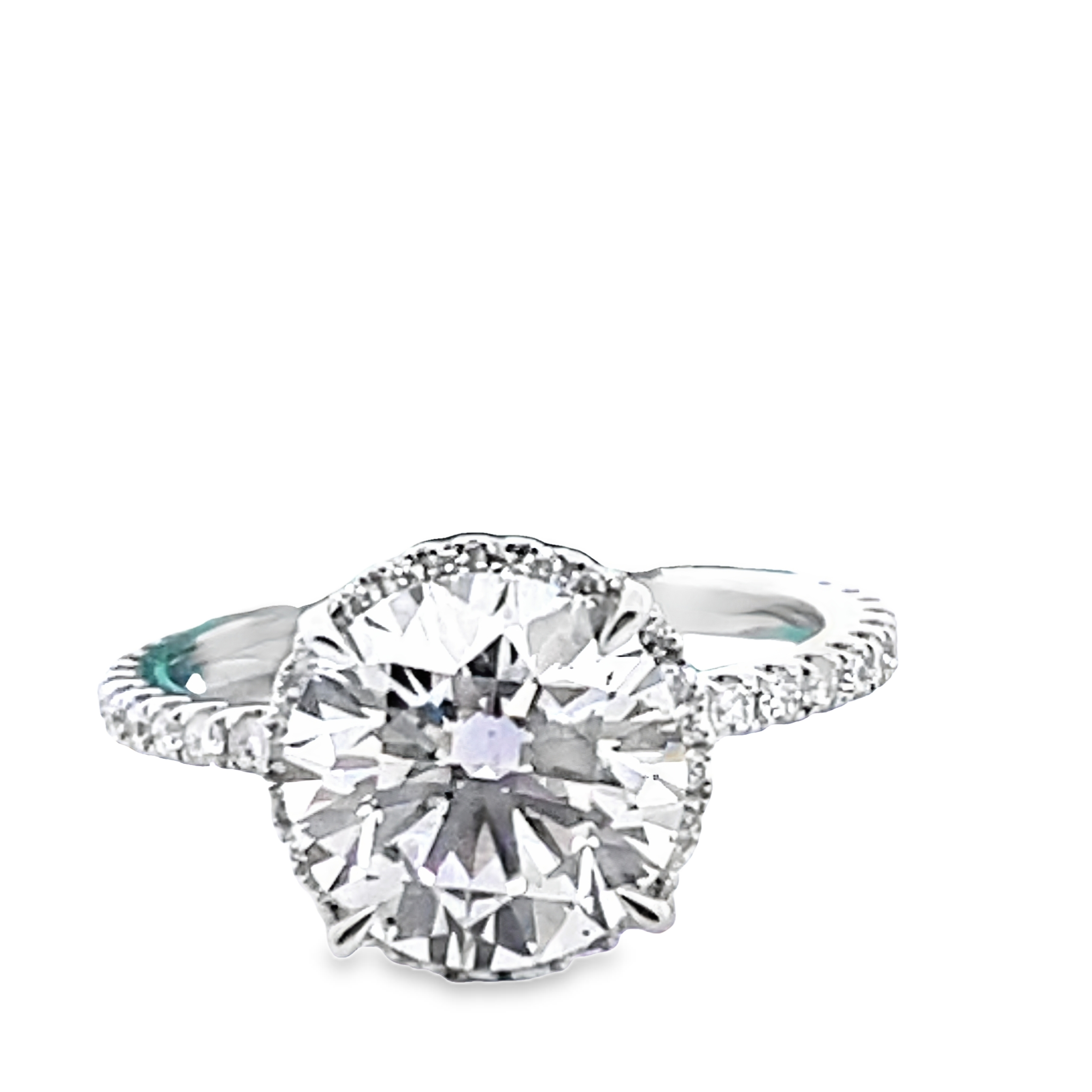 SUPER MAN MADE CREATED 4.03CTW DIAMOND ROUND HALO ENGAGEMENT RING CONTAINING: 3.53CT ROUND DIAMOND CENTER H SI2 IGI LG478125978 + 60 ROUND DIAMONDS RING SEMI MOUNTING .50CTW 18KW