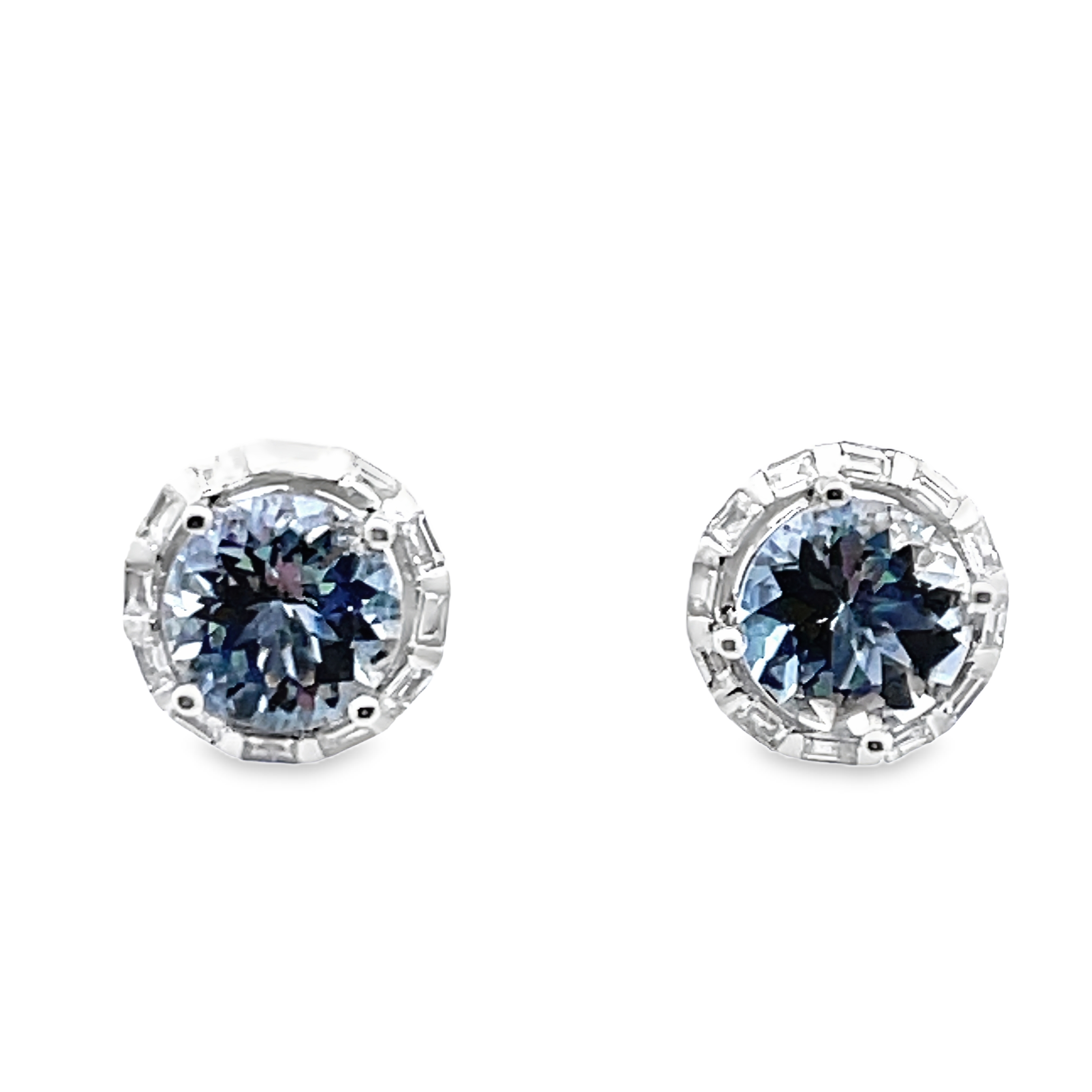 EFFY 2.52TGW AQUAMARINE + DIAMOND HALO STUD EARRINGS CONTAINING: 2 ROUND AQUAMARINES 2.15CTW  + 24 BAGUETTE DIAMONDS .37TDW 14KW