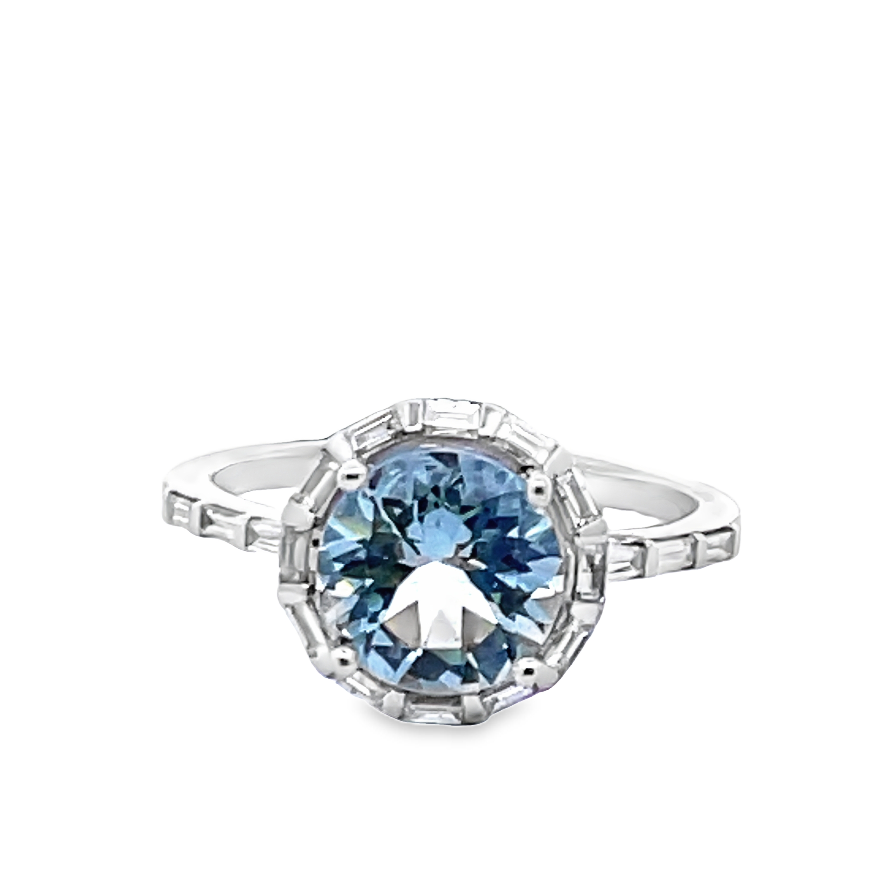 EFFY 2.31 TGW AQUAMARINE + DIAMOND HALO LDS RING CONTAINING: 1.85CT ROUND AQUAMARINE CENTER + 18 BAGUETTE DIAMONDS .46TDW 14KW