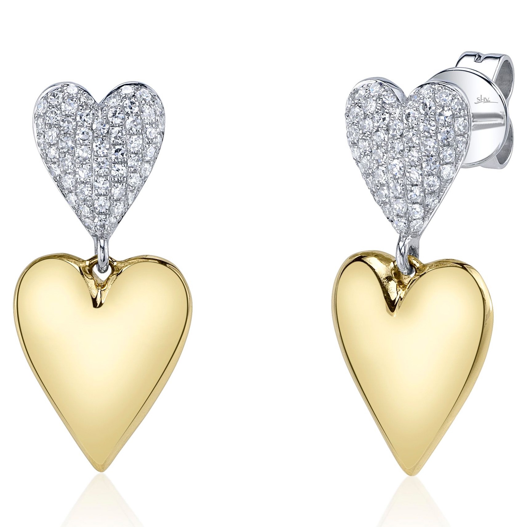.22CTW PAVE DIAMOND HEART+ YELLOW GOLD HEART DOUBLE-HEART DANGLE EARRINGS CONTAINING: 104 ROUND DIAMONDS 14KYW