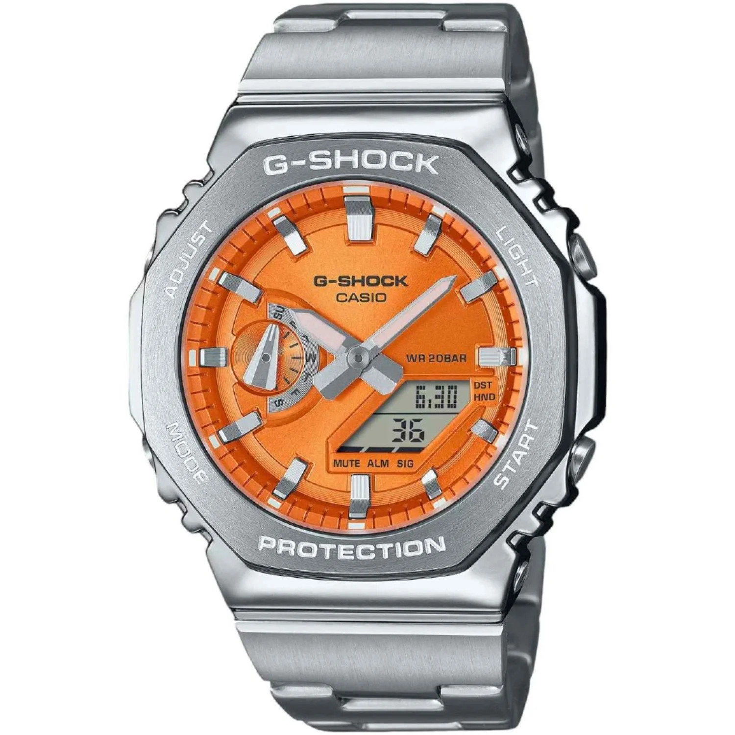 CASIO G-SHOCK ANALOGUE/DIGITAL WATCH ORANGE DIAL LINK BRACELET STAINLESS
