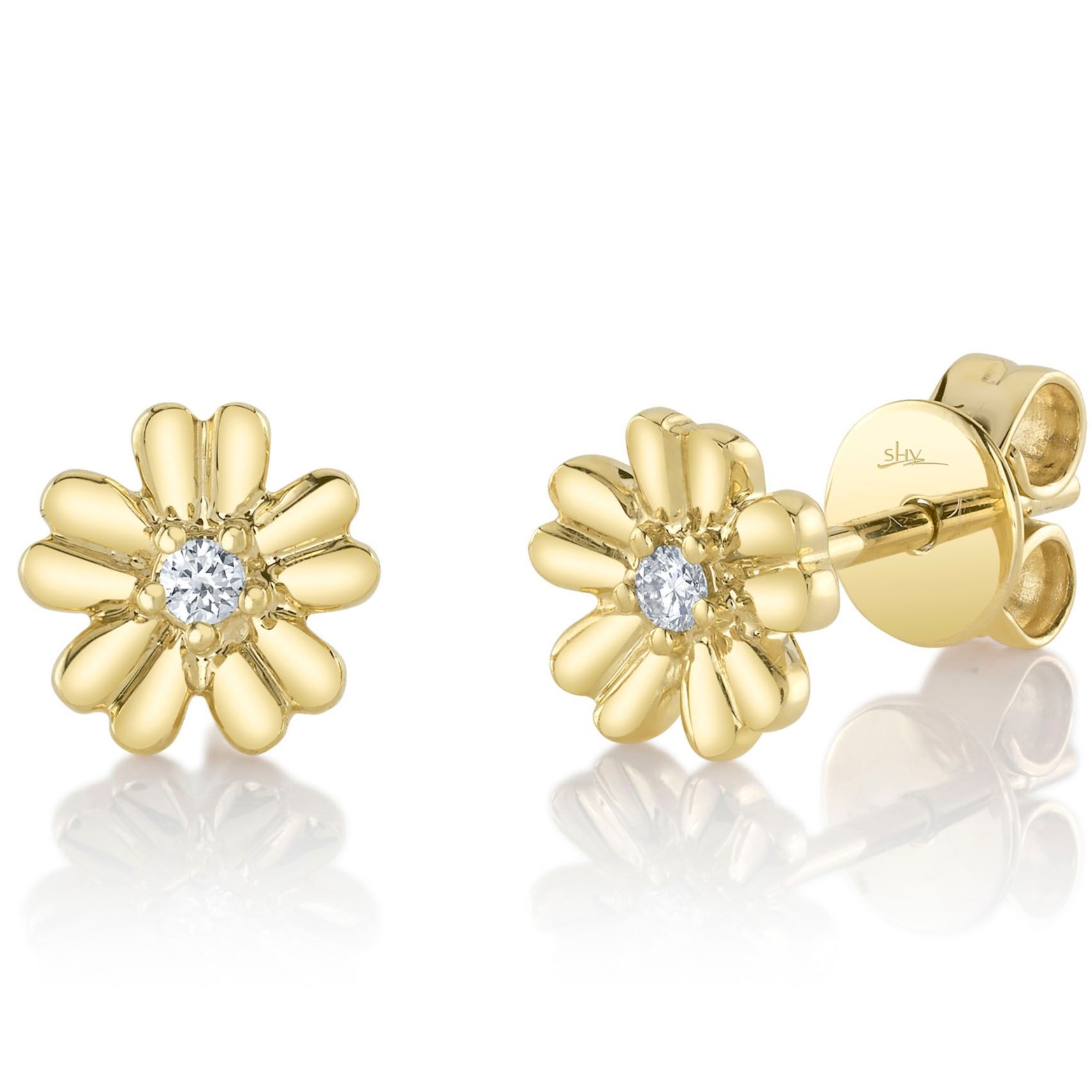 .04CTW ROUND DIAMOND SOLITAIRE CENTER FLOWER EARRINGS 14KY