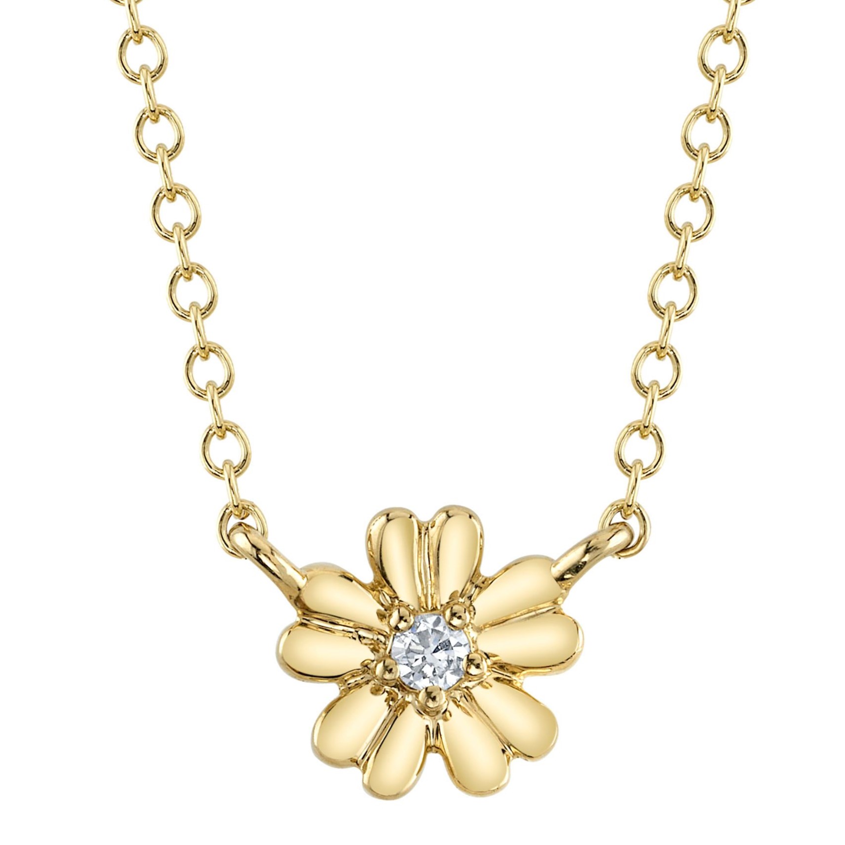 .03CT ROUND DIAMOND CENTER FLOWER PENDANT/CHAIN 14KY CHAIN INCLUDED