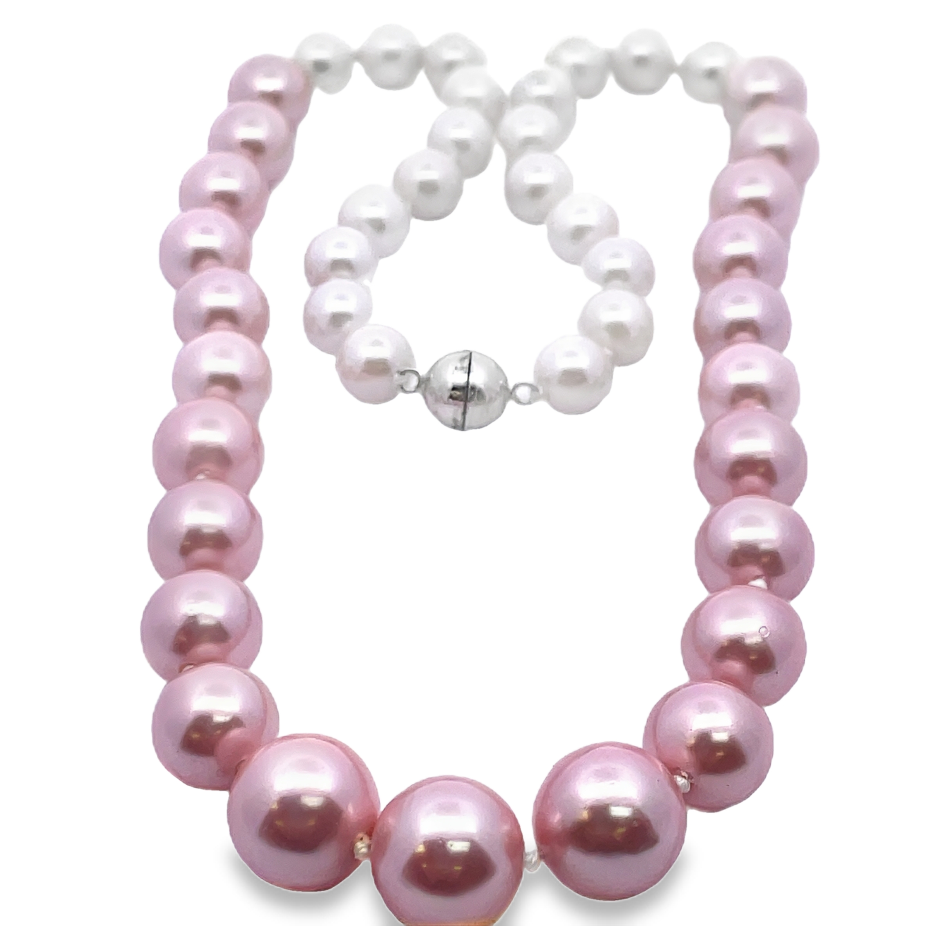 WHITE/PINK PEARLS STRAND NECKLACE STERLING SILVER MAGNETIC BALL CLASP