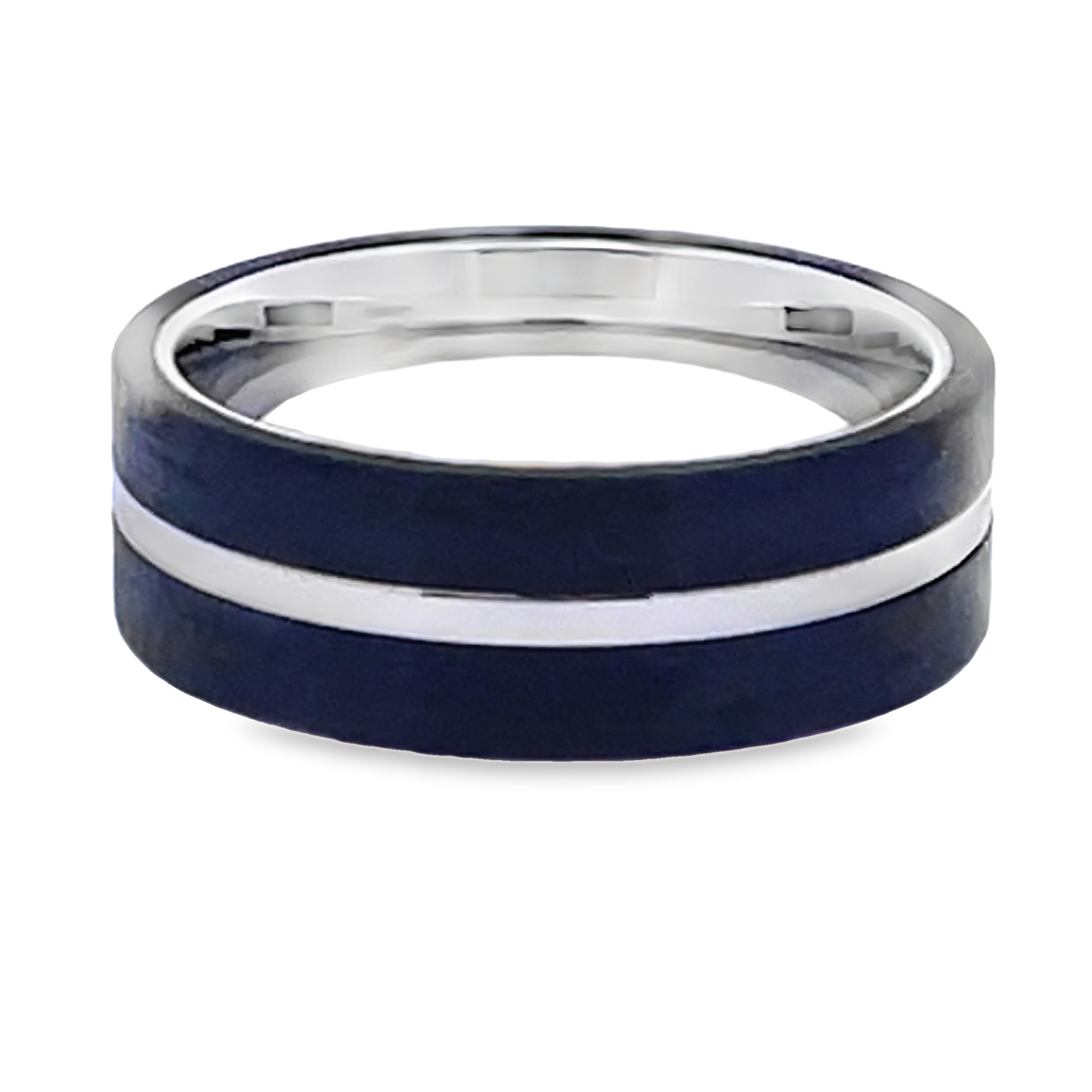 8MM BAND WITH COBALT FLAT POLISHED CENTER AND 3MM OFFSET CARBON FIBER EDGES SIZE 10.5
