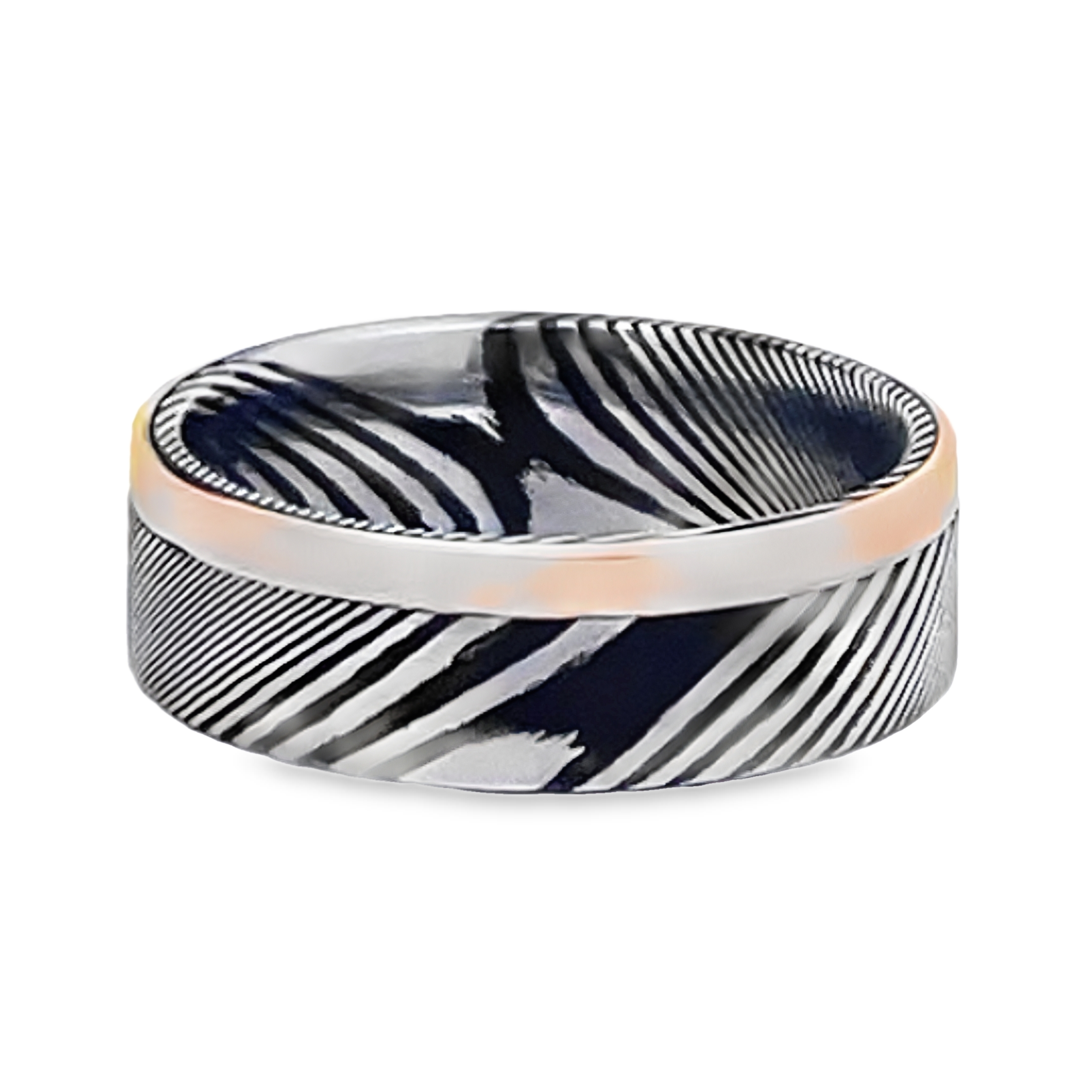 7MM DAMASCUS FLAT POLISHED BAND WITH 2MM YELLOW GOLD EDGE SIZE 10