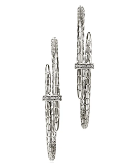 JOHN HARDY SPEAR SILVER DIAMOND PAVE 45MM ROUND HOOP EARRINGS .12CTW