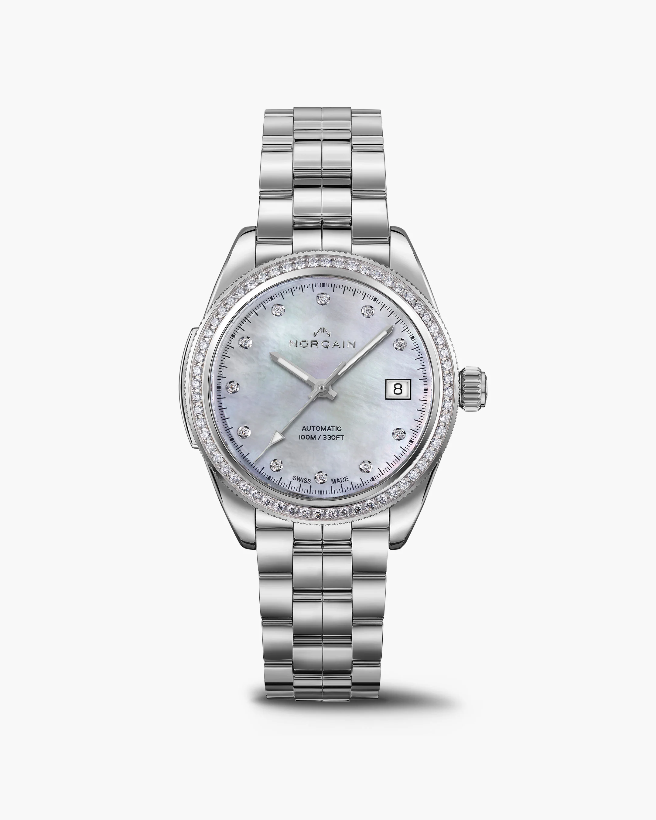 NORQAIN 37MM ADVENTURE SPORT WATCH WHITE MOTHER OF PEARL 11 ROUND DIAMOND DIAL 60 ROUND DIAMOND BEZEL LINK BRACELET STAINLESS