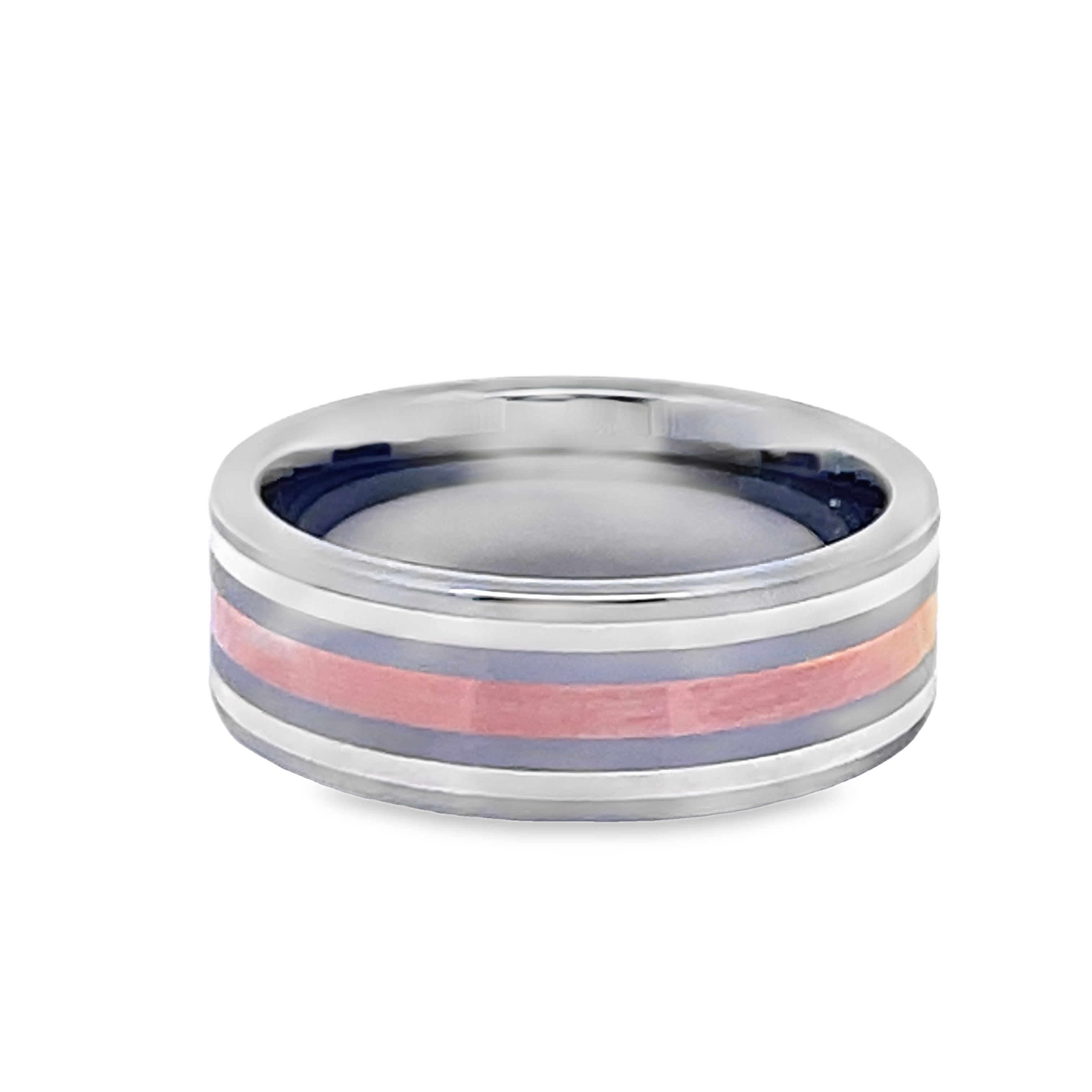 GTS 8MM TUNGSTEN FLAT POLISHED BAND WITH 2 1MM STERLING SILVER OFFSET INLAYS  +  2MM 14KR CENTER INLAY  SIZE 10