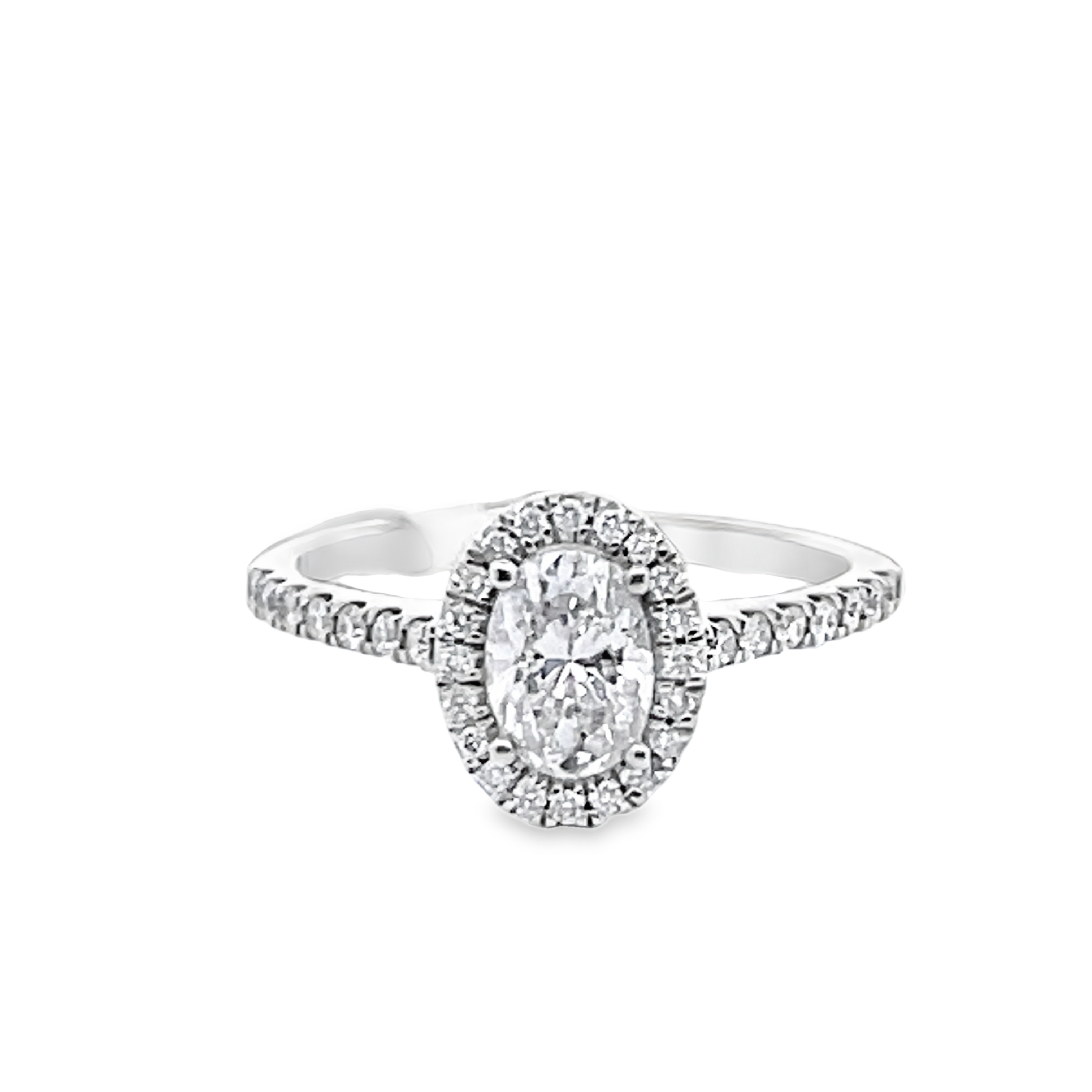 .80CTW DIAMOND OVAL HALO ENGAGEMENT RING CONTAINING: .58CT OVAL CENTER DIAMOND + 34 ROUND DIAMONDS RING SEMI MOUNTING .22CTW G-I I1 14KW
