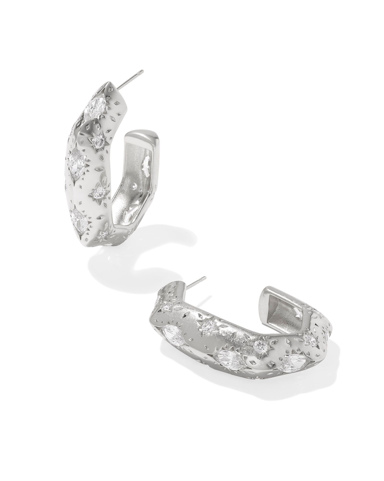 KENDRA SCOTT HOLLAND WHITE CRYSTAL VINTAGE SILVER HOOP EARRINGS