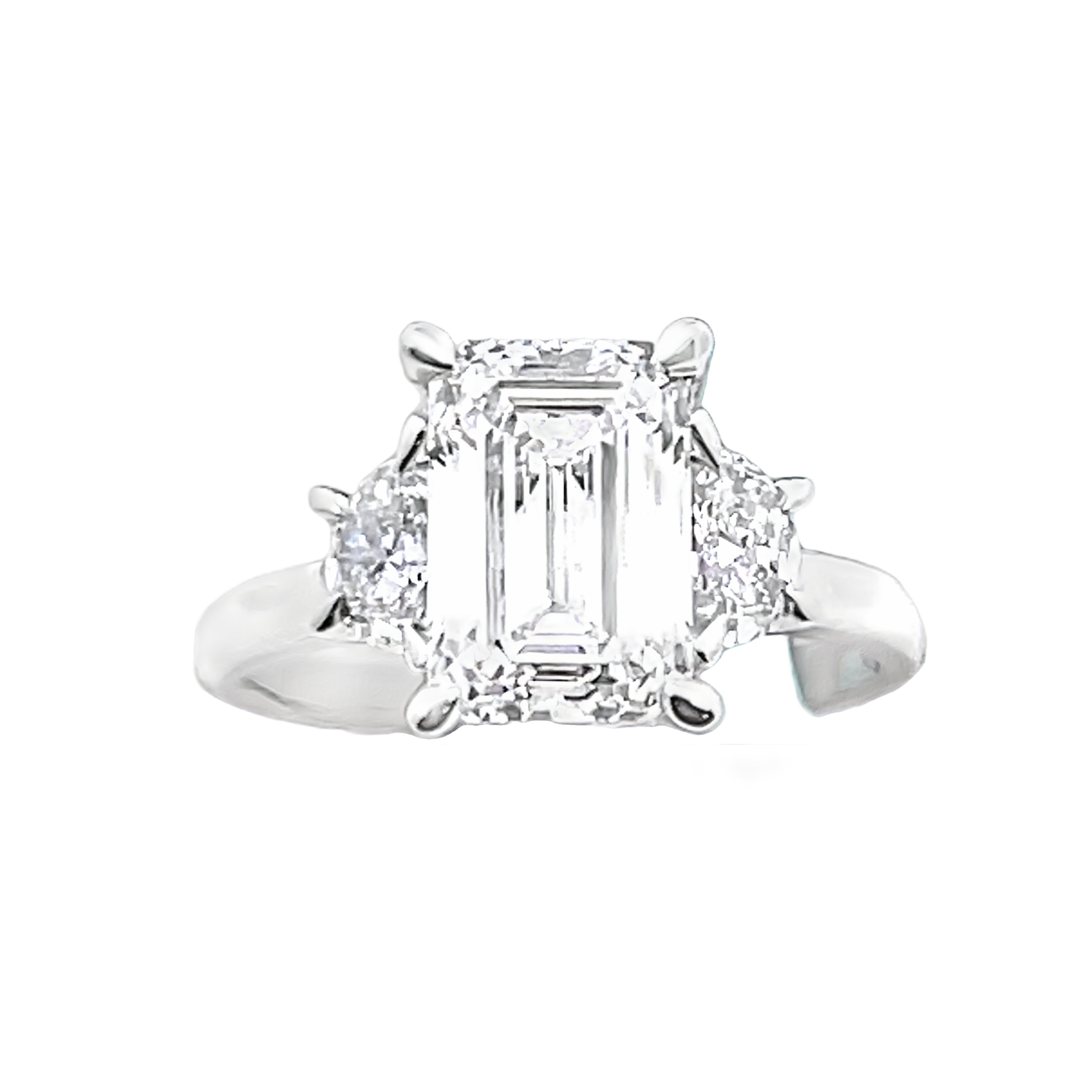 SUPER MAN MADE CREATED 3.69CTW ENGAGEMENT RING CONTAINING: 3.09CT EMERALD CUT DIAMOND CENTER F VS2 IGI LG636446204 + 2 HALF MOON DIAMONDS + 22 ROUND DIAMONDS RING SEMI MOUNTING .60CTW 14KW