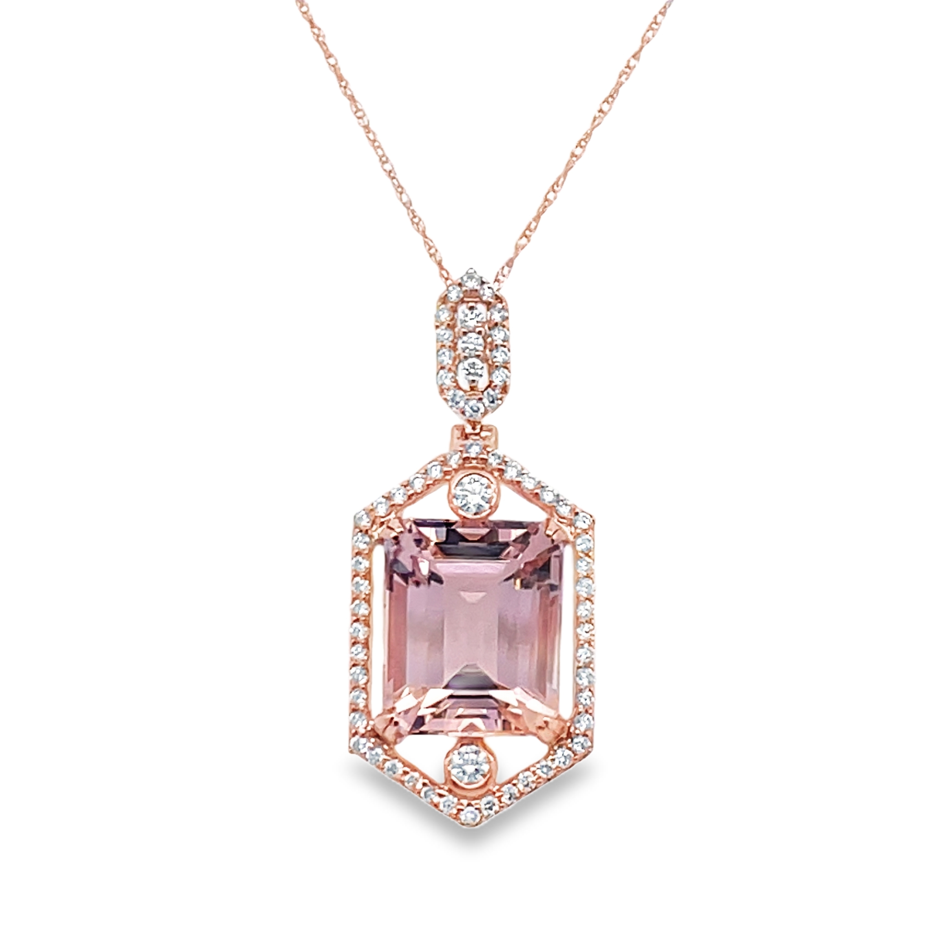6.73TGW MORGANITE AND DIAMOND PENDANT/CHAIN CONTAINING: 6.23CT EMERALD CUT MORGANITE CENTER + 2 ROUND BEZEL-SET DIAMONDS + 61 ROUND PRONG-SET DIAMONDS .50TDW 14KP