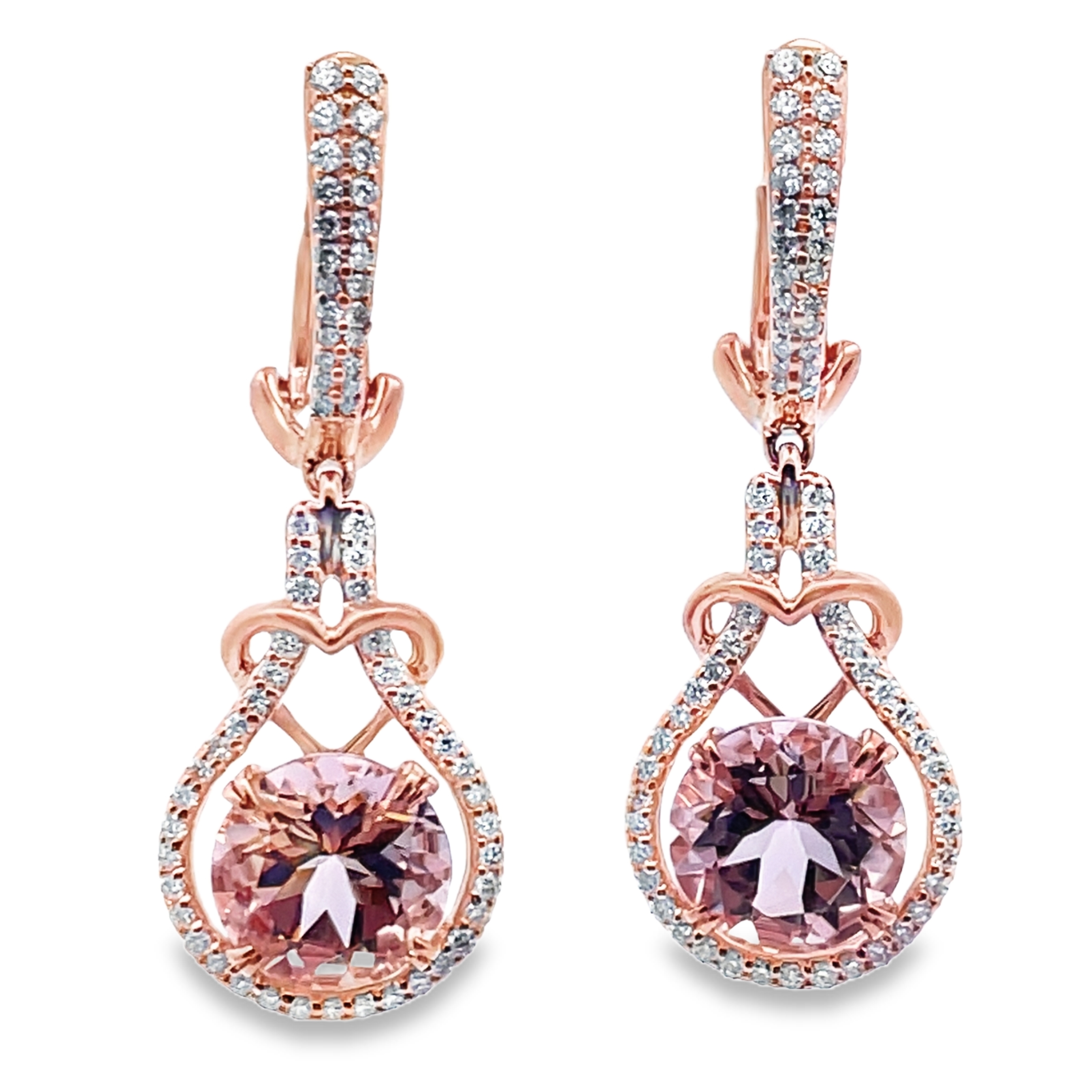 6.01TGW MORGANITE + DIAMOND TEADROP DANGLE EARRINGS CONTAINING: 2 ROUND MORGANITES 5.28CTW + 126 ROUND DIAMONDS .73TDW 14KP