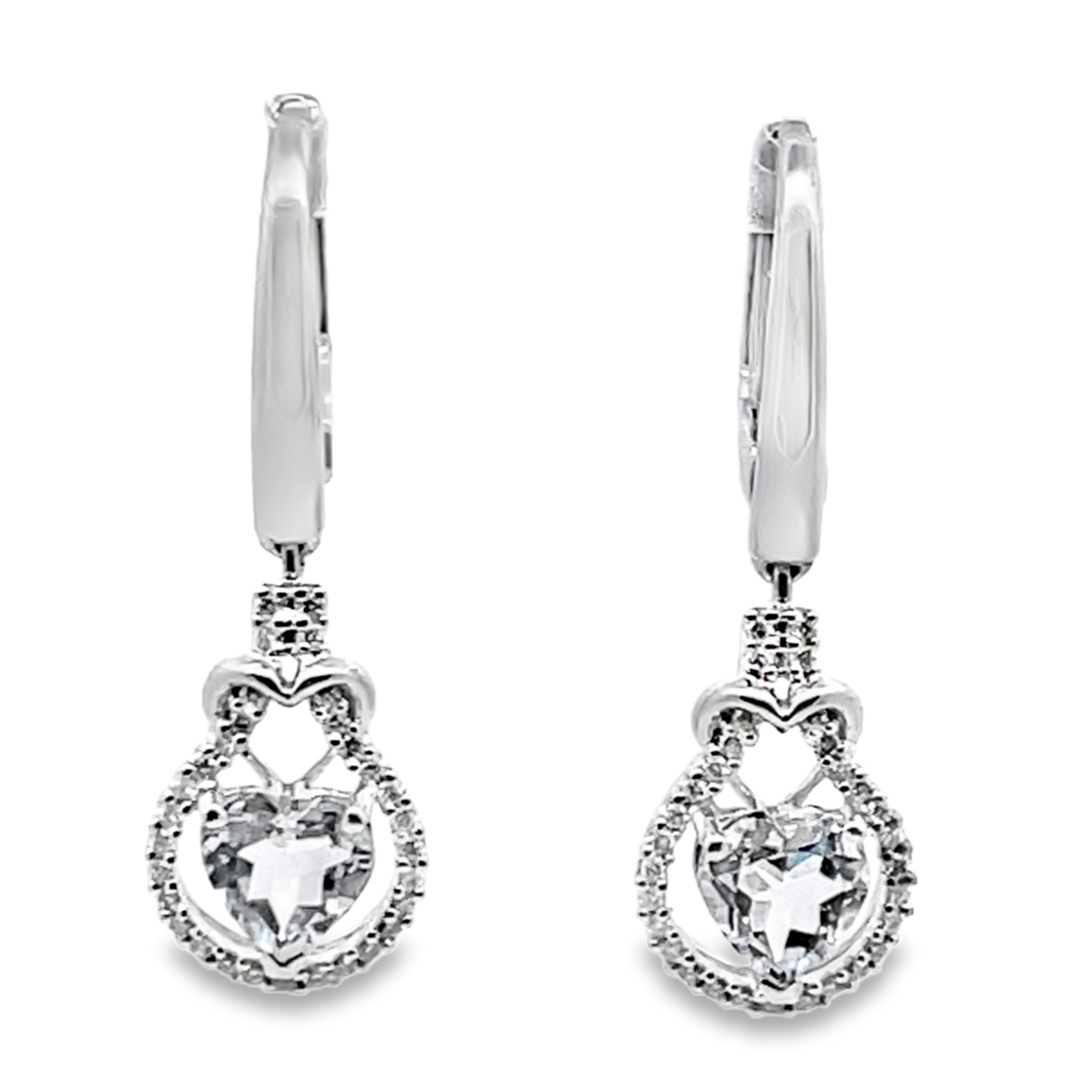 1.49TGW AQUAMARINE + DIAMOND TEARDROP DANGLE EARRINGS CONTAINING: 2 HEART SHAPE AQUAMARINES 1.27CTW + 62 ROUND PRONG-SET DIAMONDS .22TDW 14KW