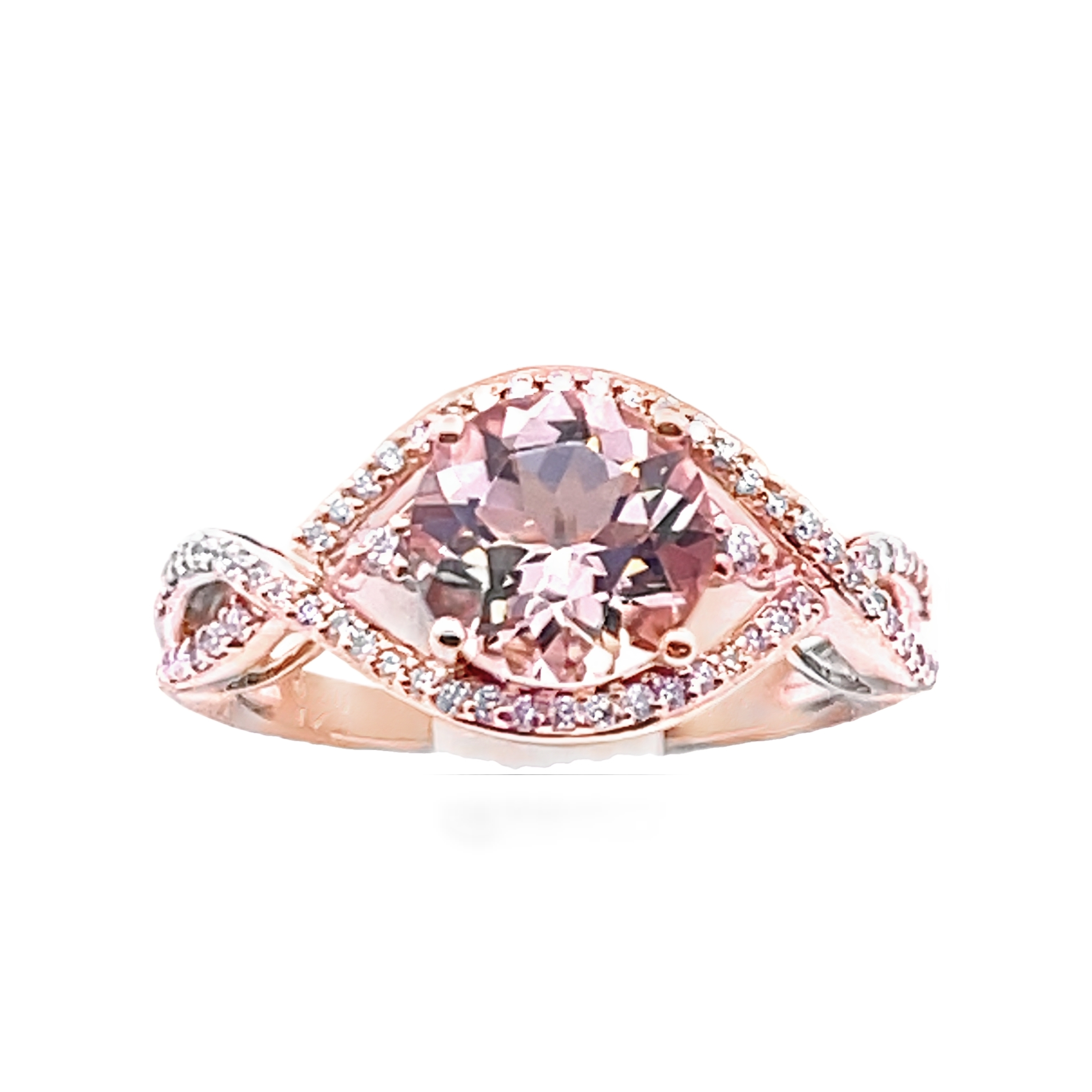 1.99TGW MORGANITE + DIAMOND CROSSOVER RING CONTAINING: 1.74CT ROUND MORGANITE CENTER + 70 ROUND DIAMONDS .25TDW 14KP