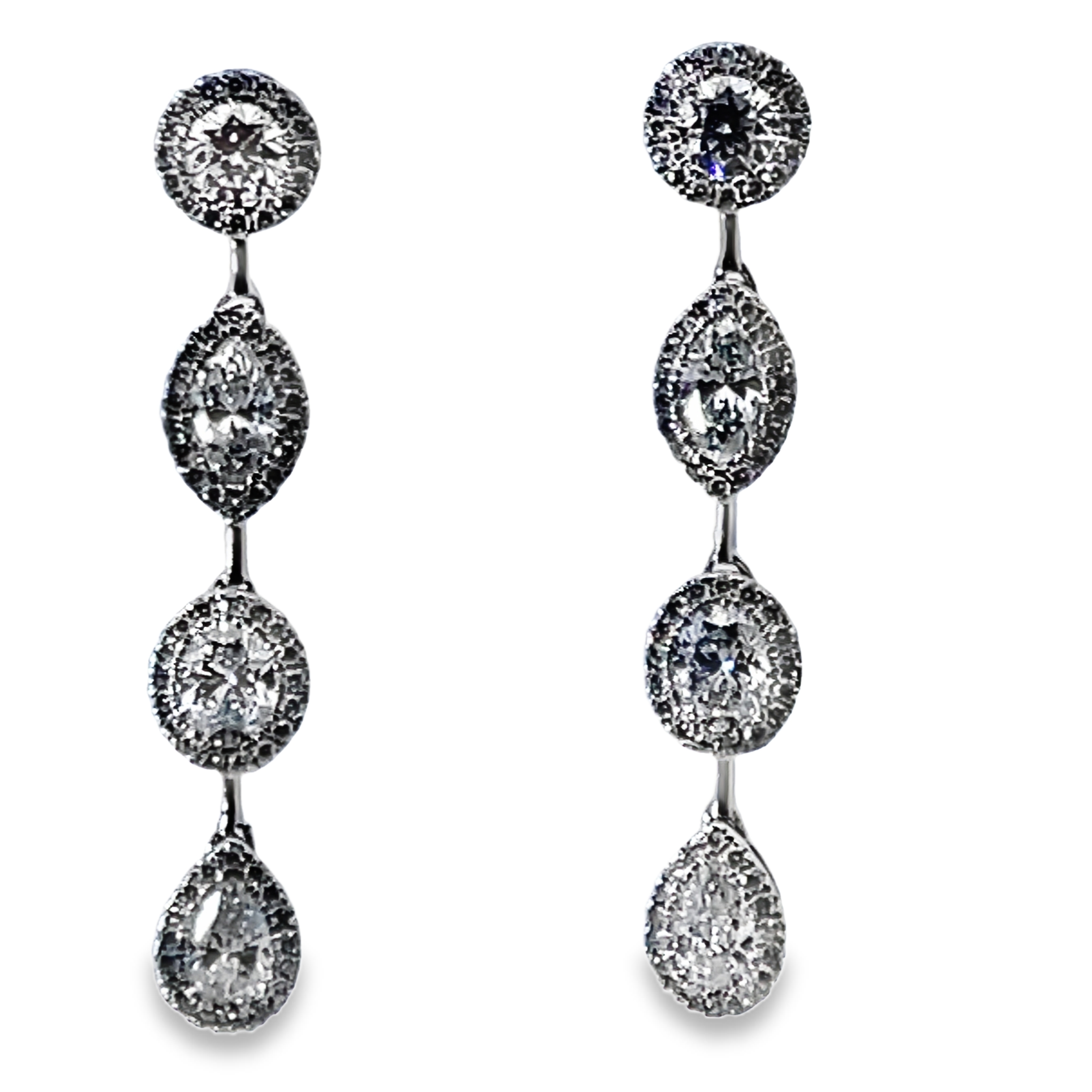SUPER MAN MADE CREATED 4.09CTW MULTI-SHAPE 4-DROP DANGLE EARRINGS CONTAINING: 2 ROUND+2MARQUISE+2OVAL+2PEAR SHAPE DIAMONDS + 136 ROUND MELEE HALO DIAMONDS 14KW
