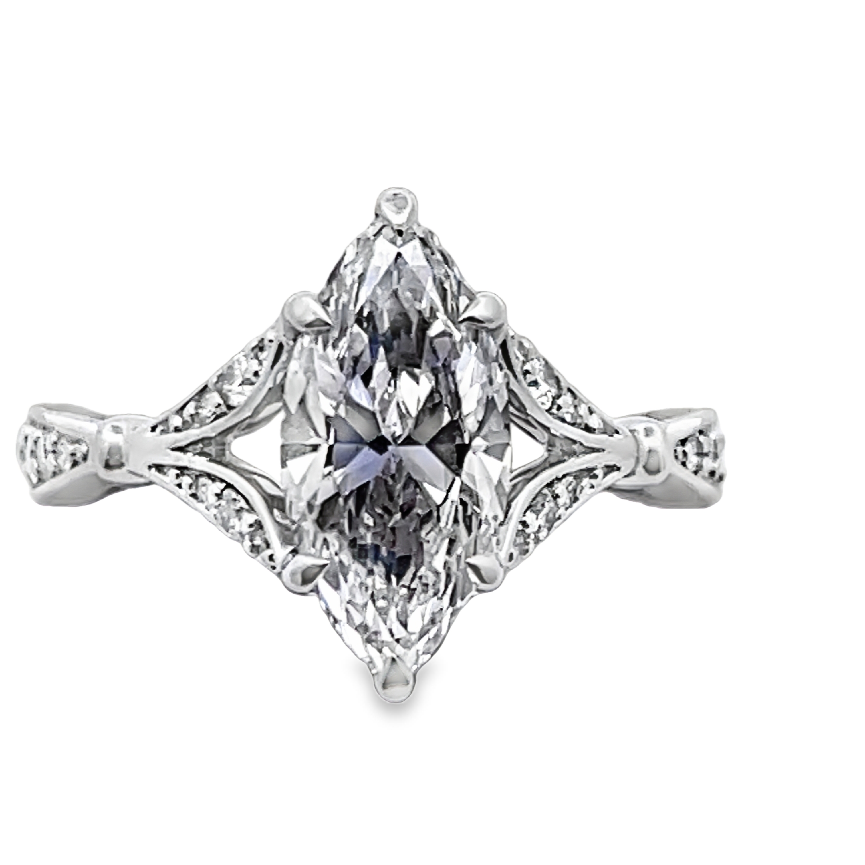 SUPER MAN MADE CREATED 2.41CTW DIAMOND V-SHANK ENGAGEMENT RING CONTAINING: 2.02CT MARQUISE DIAMOND CENTER F VS2 IGI LG647422566 + 30 ROUND DIAMONDS .39CTW 14KW