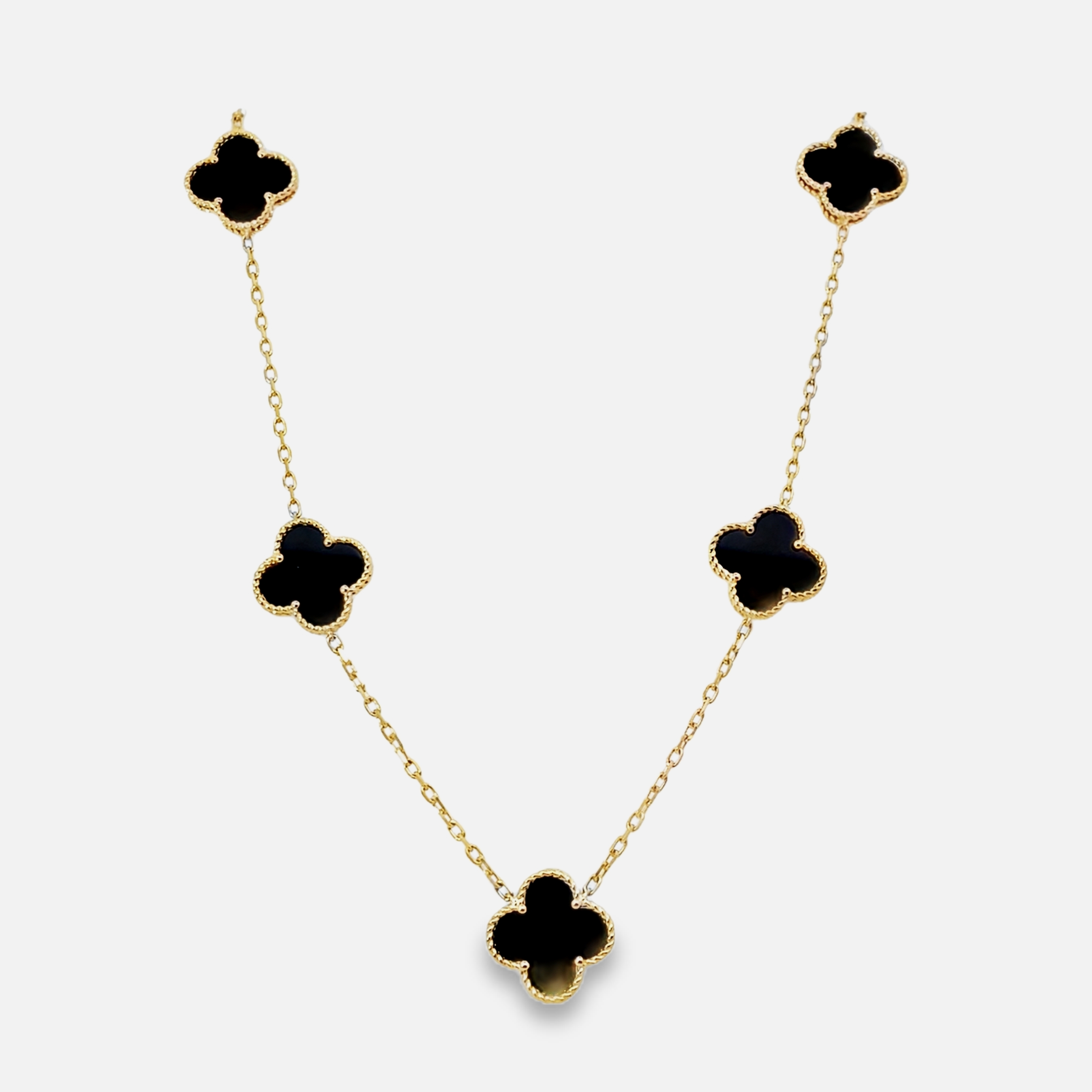 15MM BLACK ONYX CLOVER STATIONS(5)  NECKLACE 14KY