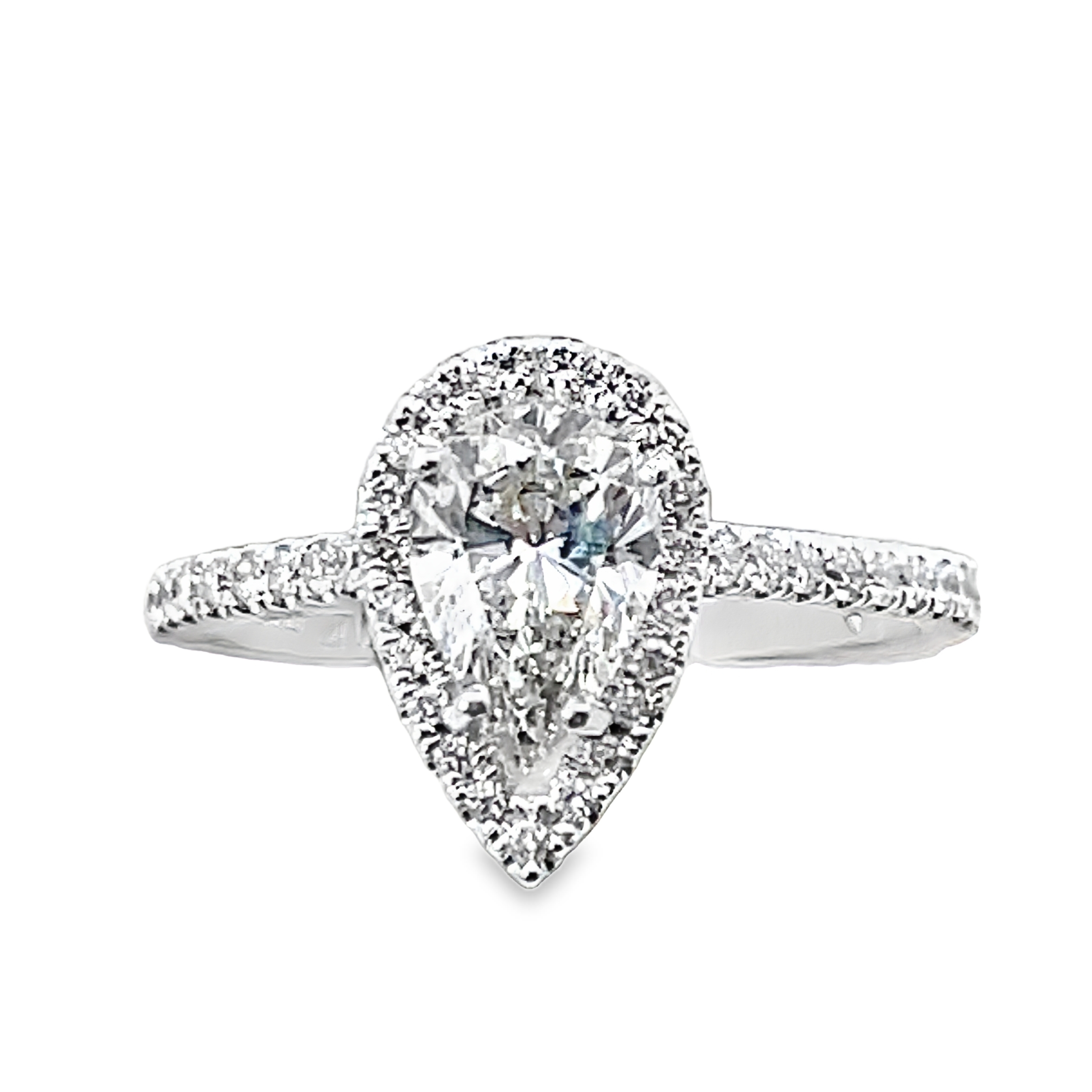 1.30CTW PEAR-SHAPE HALO ENGAGEMENT RING CONTAINING:  .98CT PEAR SHAPE DIAMOND CENTER I-J SI1-SI2 + 40 ROUND MELEE DIAMONDS .32CTW 14KW