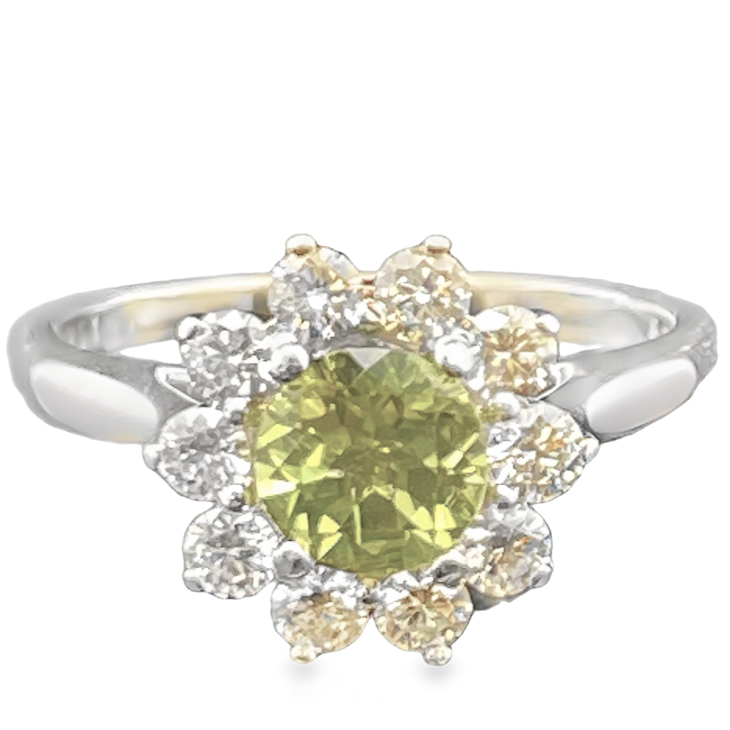 .97CT RD PERIDOT MARTIN FLYER FLYERFIT SHARED PRONG RING 10D=0.57CTW H-I I1 14KW