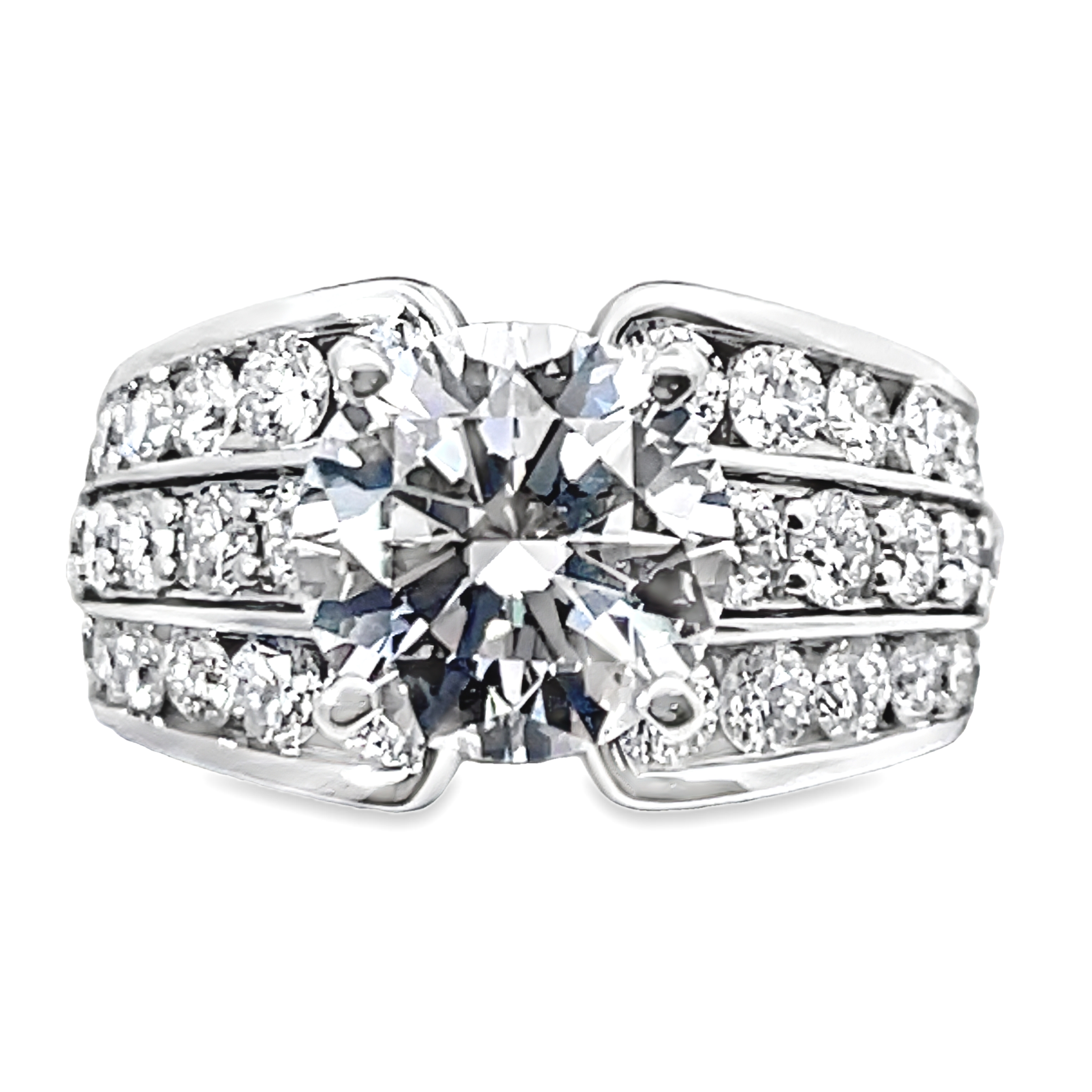 SUPER MAN MADE CREATED 4.92CTW DIAMOND ENGAGEMENT RING CONTAINING: 3.05CT ROUND DIAMOND CENTER G VVS2 IGI LG623491616 + 1.87CTW 34 ROUND DIAMOND 3-ROW ENGAGEMENT RING SEMI MOUNTING 14KW
