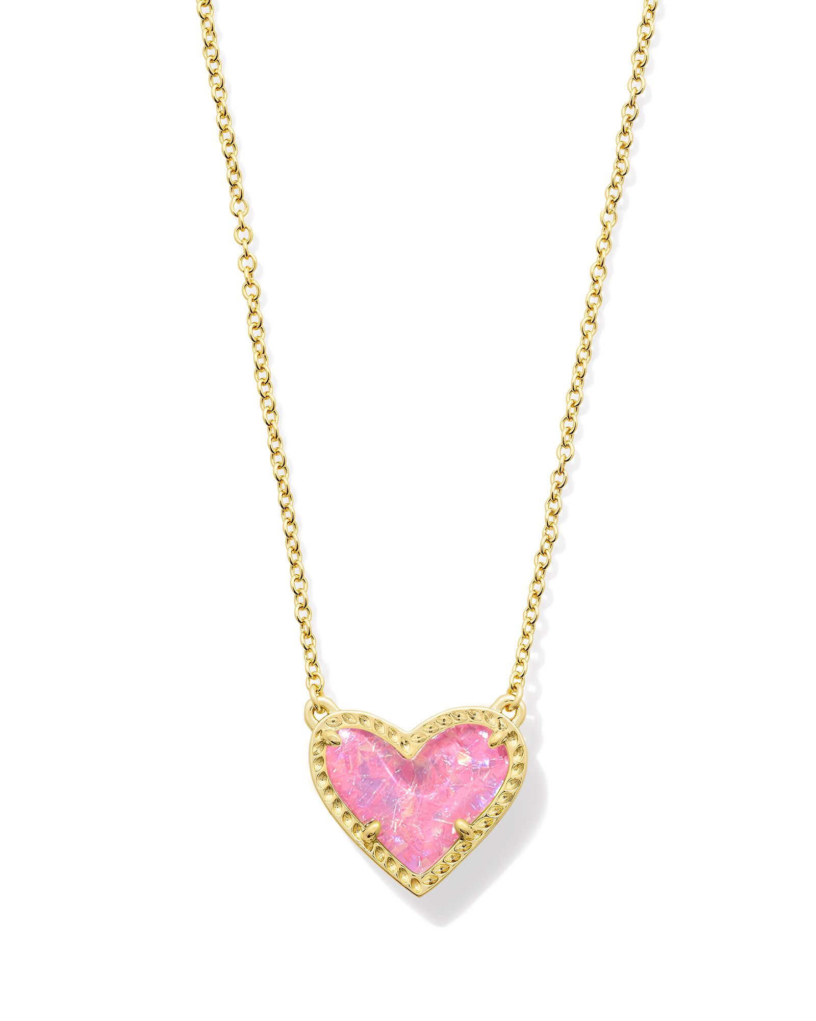 KENDRA SCOTT ARI HEART PINK IRIDESCENT GLITTER GLASS GOLD TONE SHORT PENDANT NECKLACE