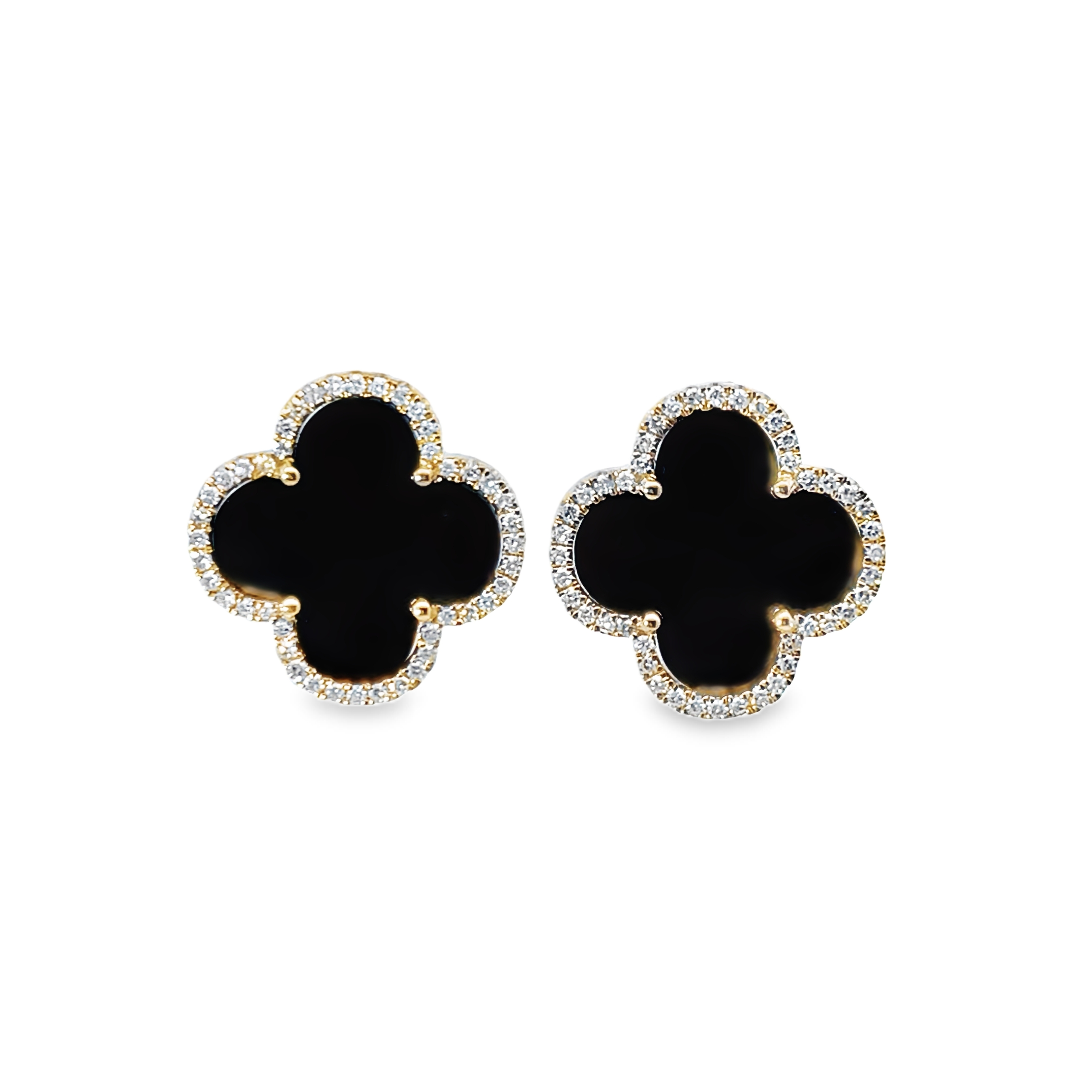 BLACK ONYX QUATREFOIL  DIAMOND HALO EARRINGS CONTAINING: 88 ROUND DIAMONDS .32TDW 14KY
