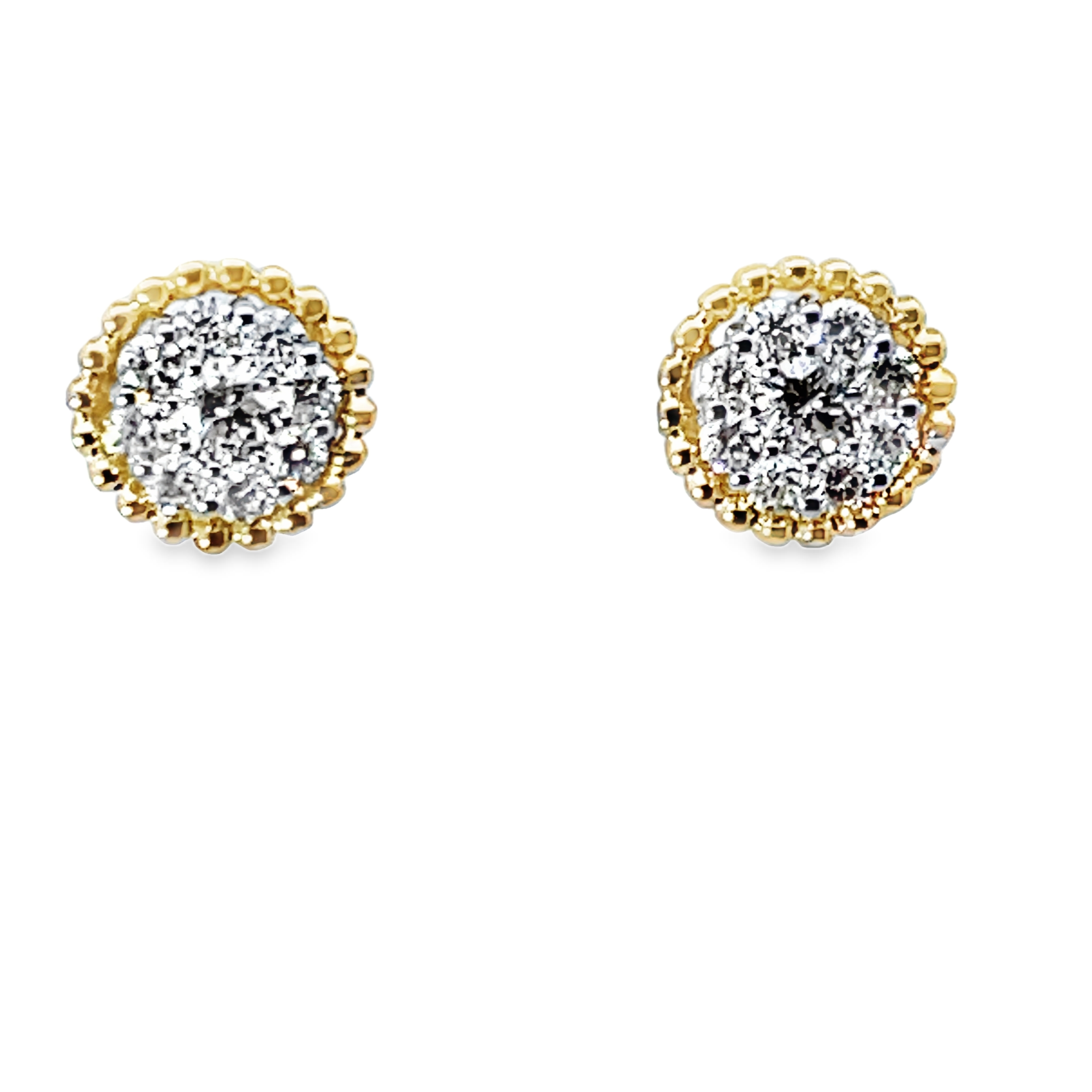 .67CTW ROUND DIAMOND CLUSTER STUD EARRINGS WITH BEADED HALO CONTAINING: 18 ROUND DIAMONDS  14KY
