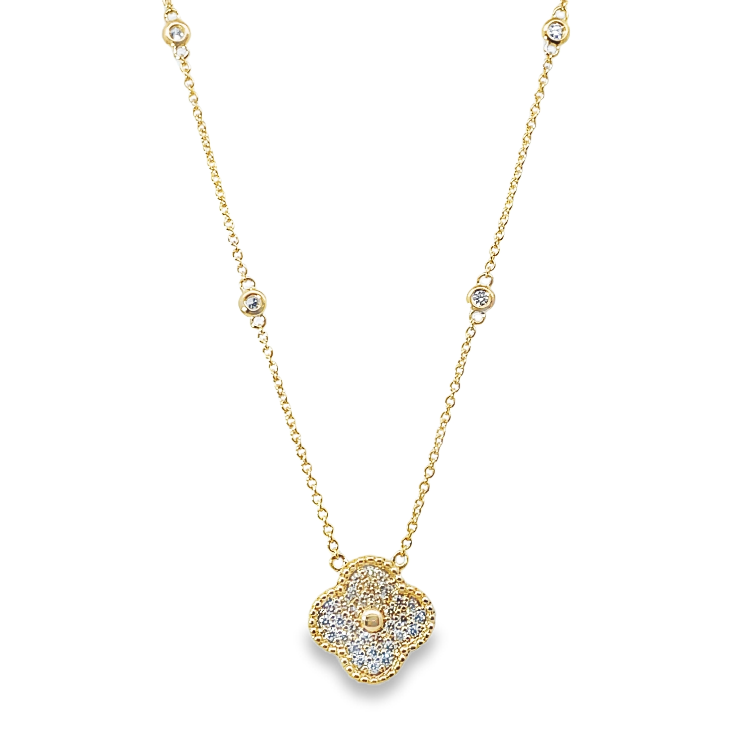 .35CTW DIAMOND PAVE QUATREFOIL NECKLACE CONTAINING: 32 ROUND PENDANT DIAMONDS + 4 ROUND CHAIN-STATIONS DIAMONDS 14KY