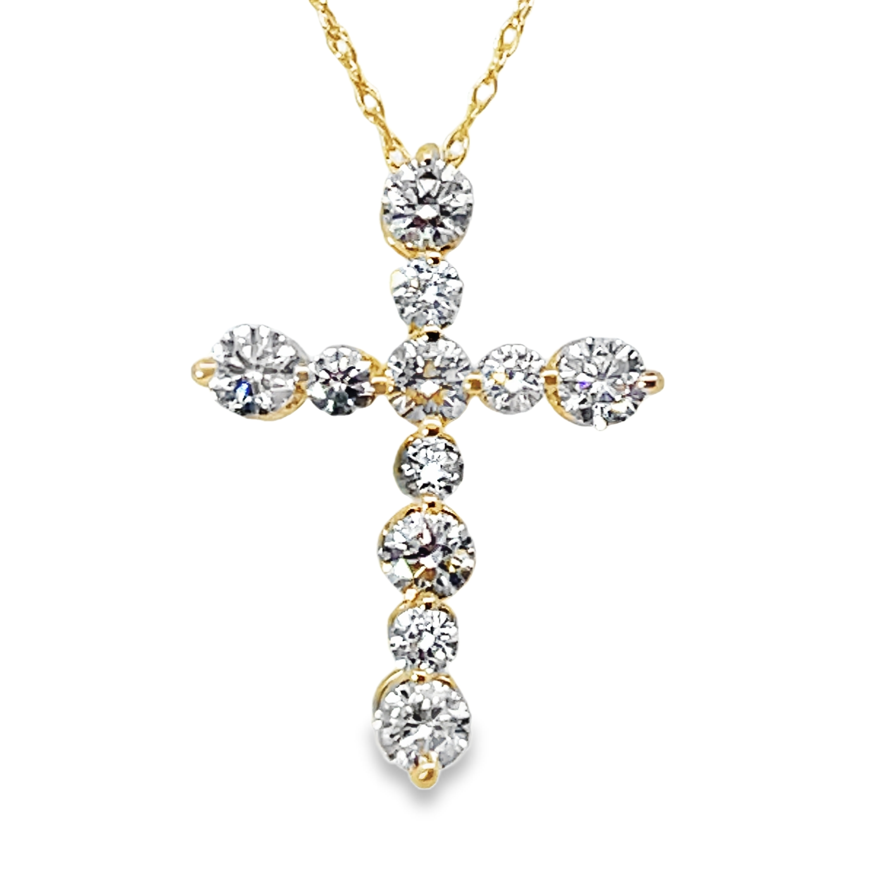 .88CTW 11 ROUND ALTERNATING SIZE DIAMONDS CROSS PENDANT/CHAIN 14KY GEM J CHAIN