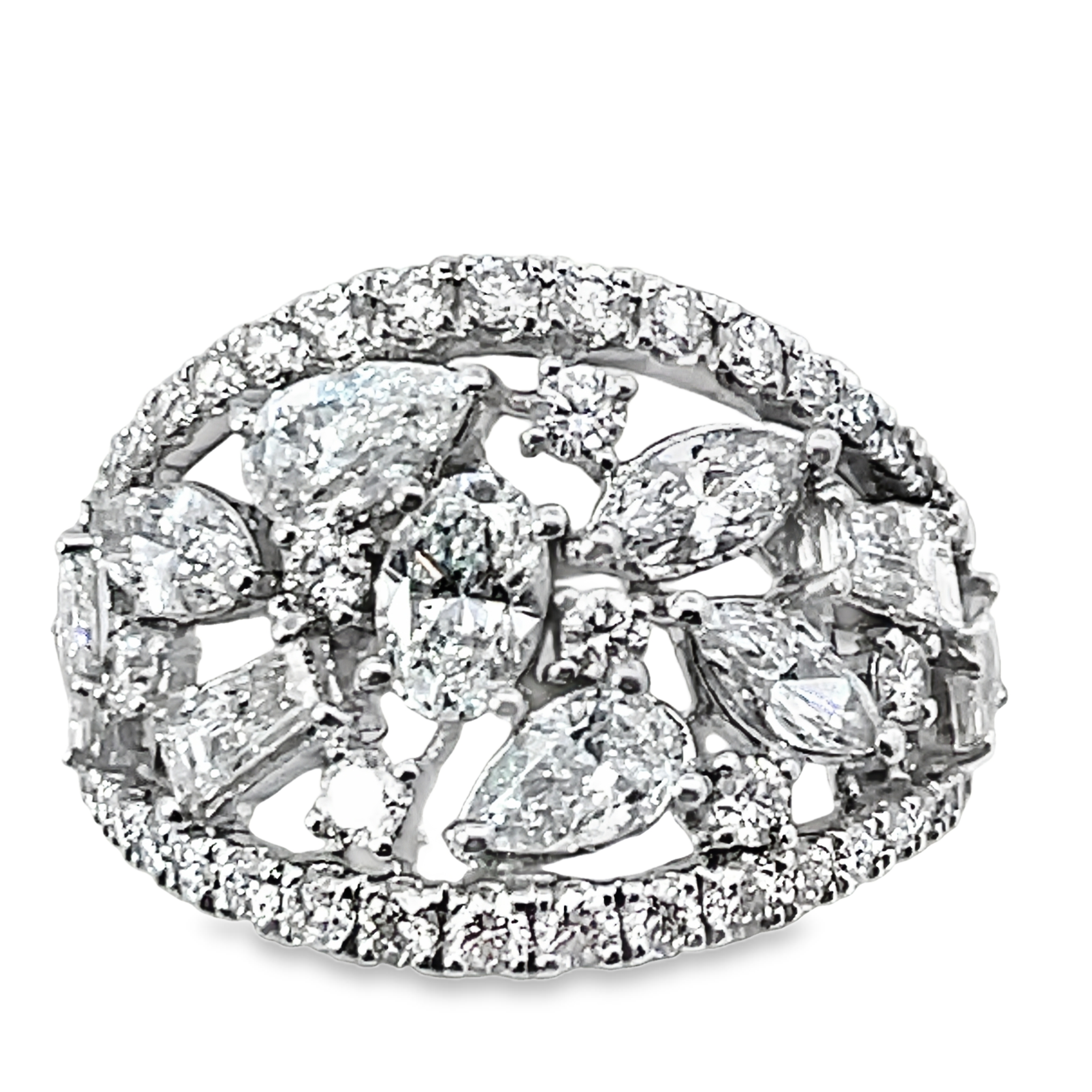 2.59CTW MULTI FANCY SHAPE DIAMONDS TAPERED RING CONTAINING: 45 ROUND DIAMONDS .775CTW + 4 TAPERED BAGUETTE DIAMONDS .548CTW + 3 MARQUISE DIAMONDS .484CTW + 2 PEAR SHAPE DIAMONDS .469CTW + .314CT OVAL DIAMOND 14KW