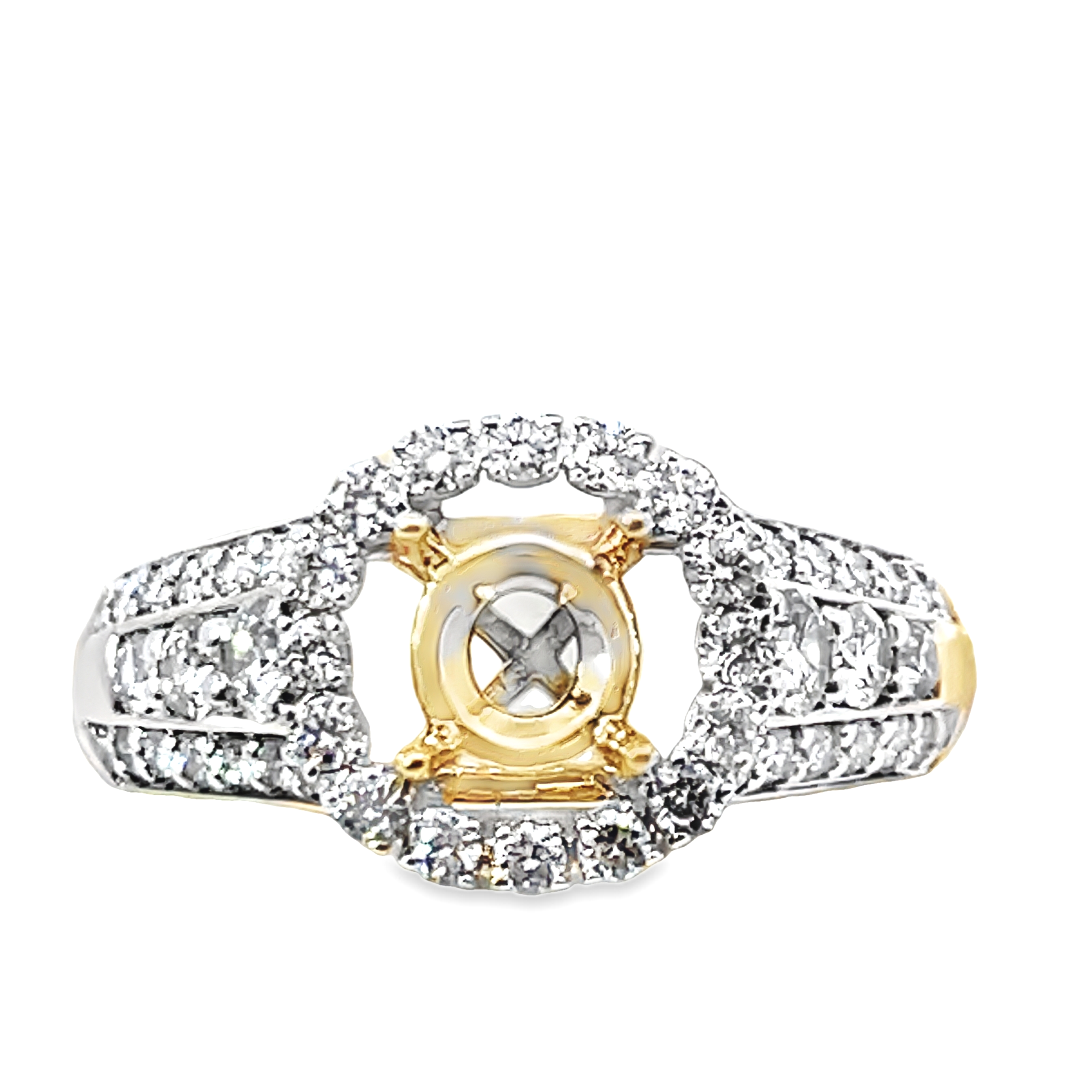 .98CTW ROUND HALO 3-ROW SHANK DIAMOND ENGAGEMENT RING SEMI MOUNTING CONTAINING: 50 ROUND DIAMONDS 14KY