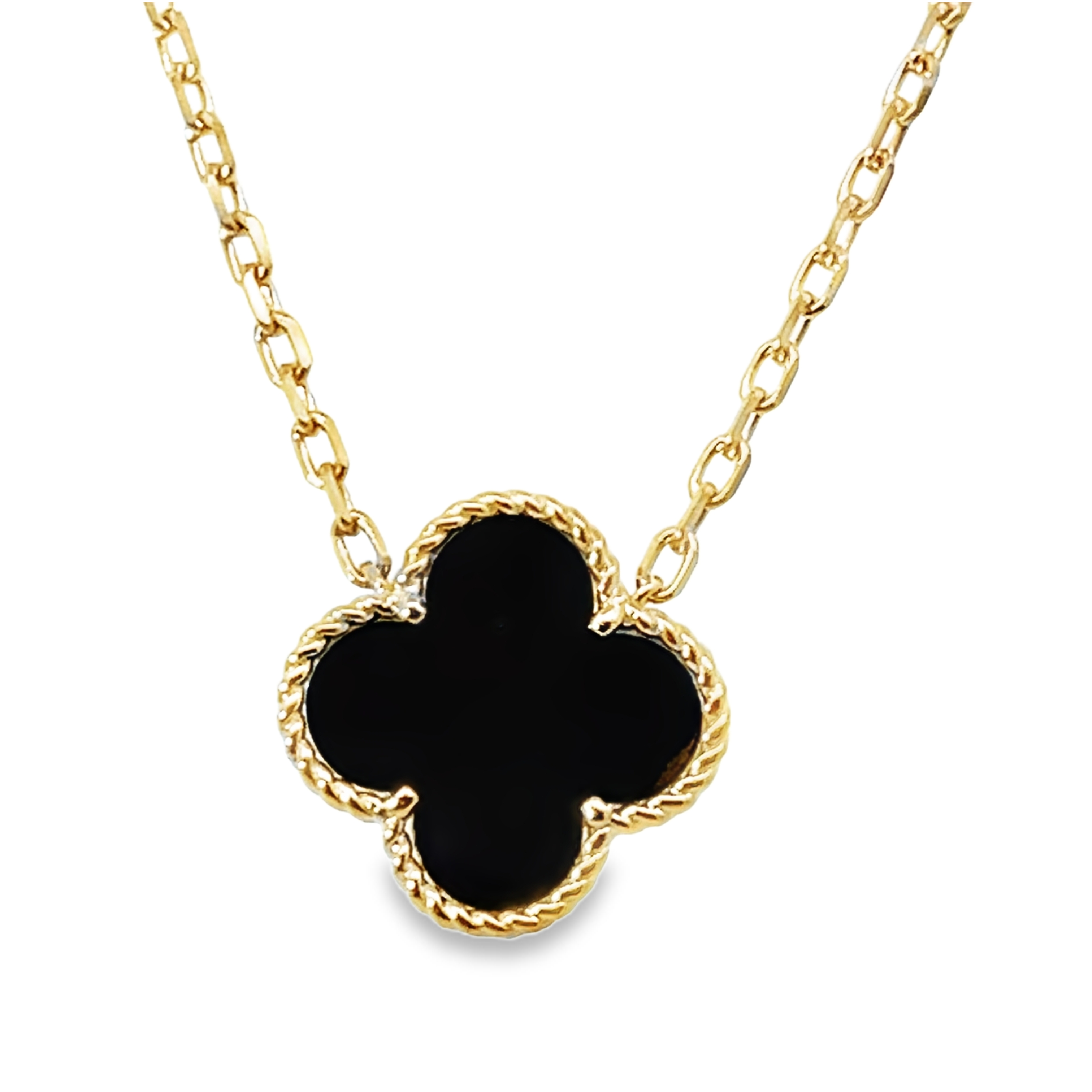 15MM BLACK ONYX/MOTHER OF PEARL QUATREFOIL REVERSIBLE NECKLACE 14KY