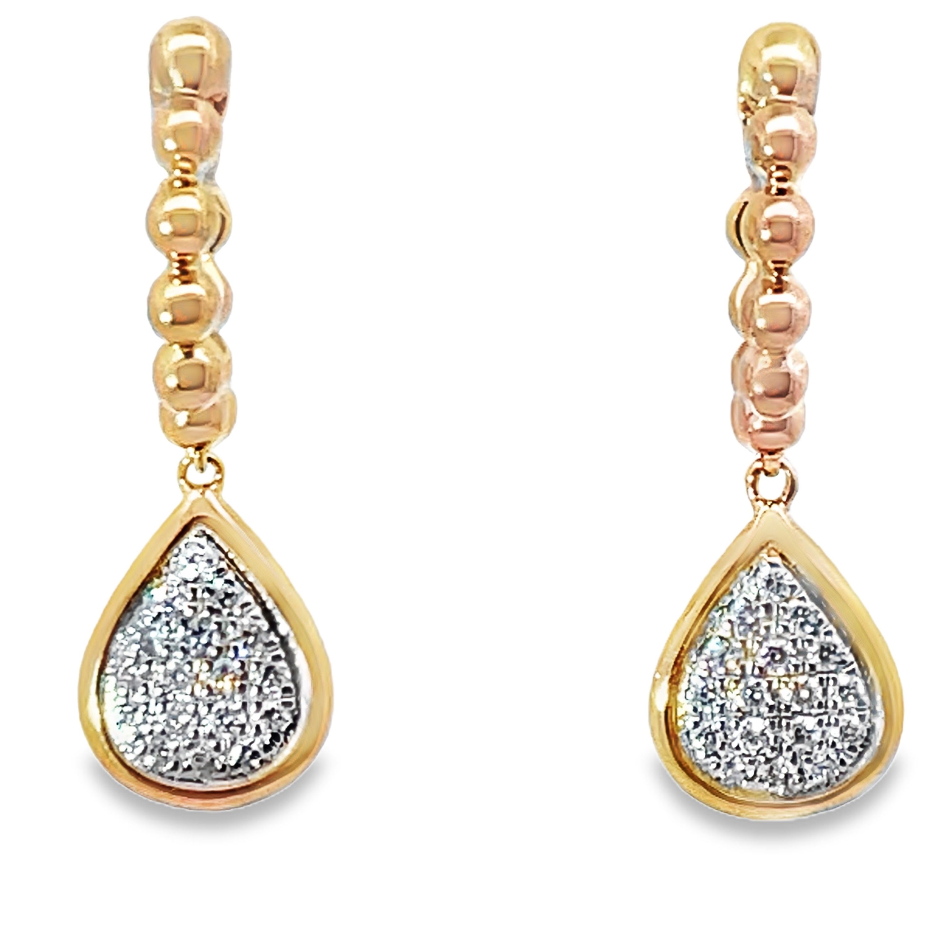 .20CTW PAVE 34 ROUND DIAMOND TEARDRP DANGLE/BEADED MINI HOOP EARRINGS 14KY