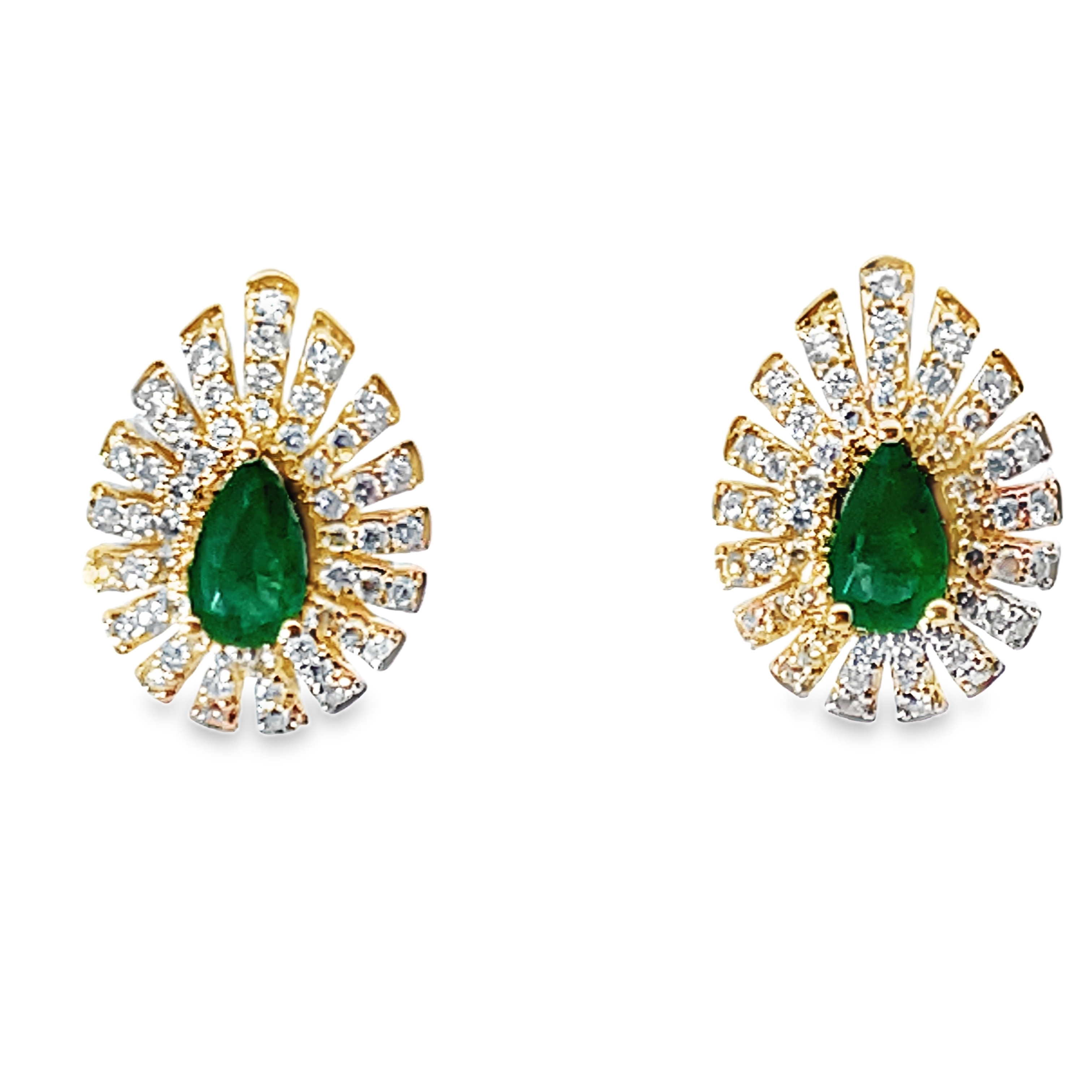 PEAR-SHAPE STARBURST EMERALD + DIAMOND EARRINGS CONTAINING: 2 5X3MM PEAR SHAPE EMERALDS + 104 ROUND DIAMONDS .30TDW 14KY