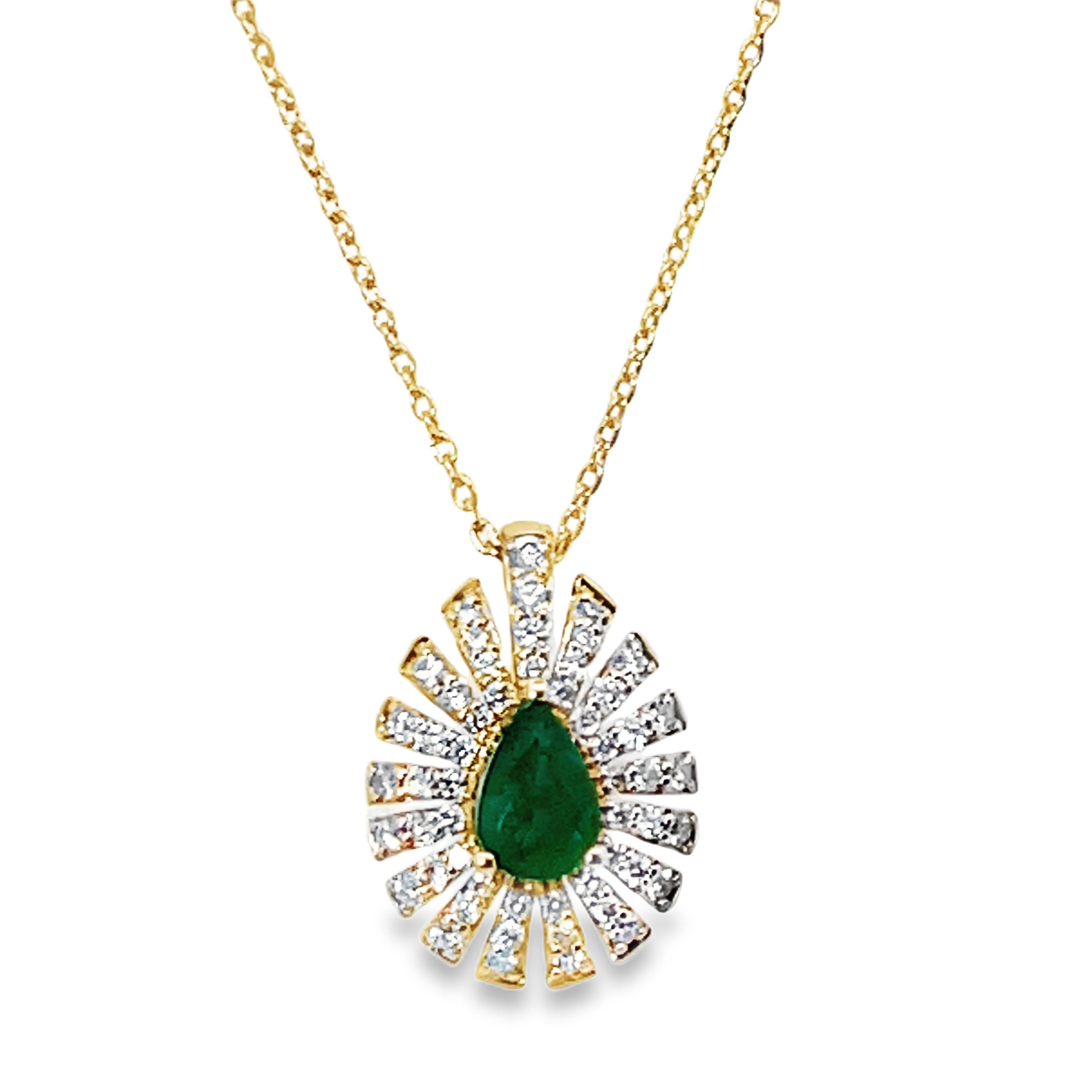 6X4MM PEAR SHAPE EMERALD CENTER/54 ROUND DIAMOND STARBURST HALO PENDANT/CHAIN .30TDW 14KY  CHAIN INCLUDED