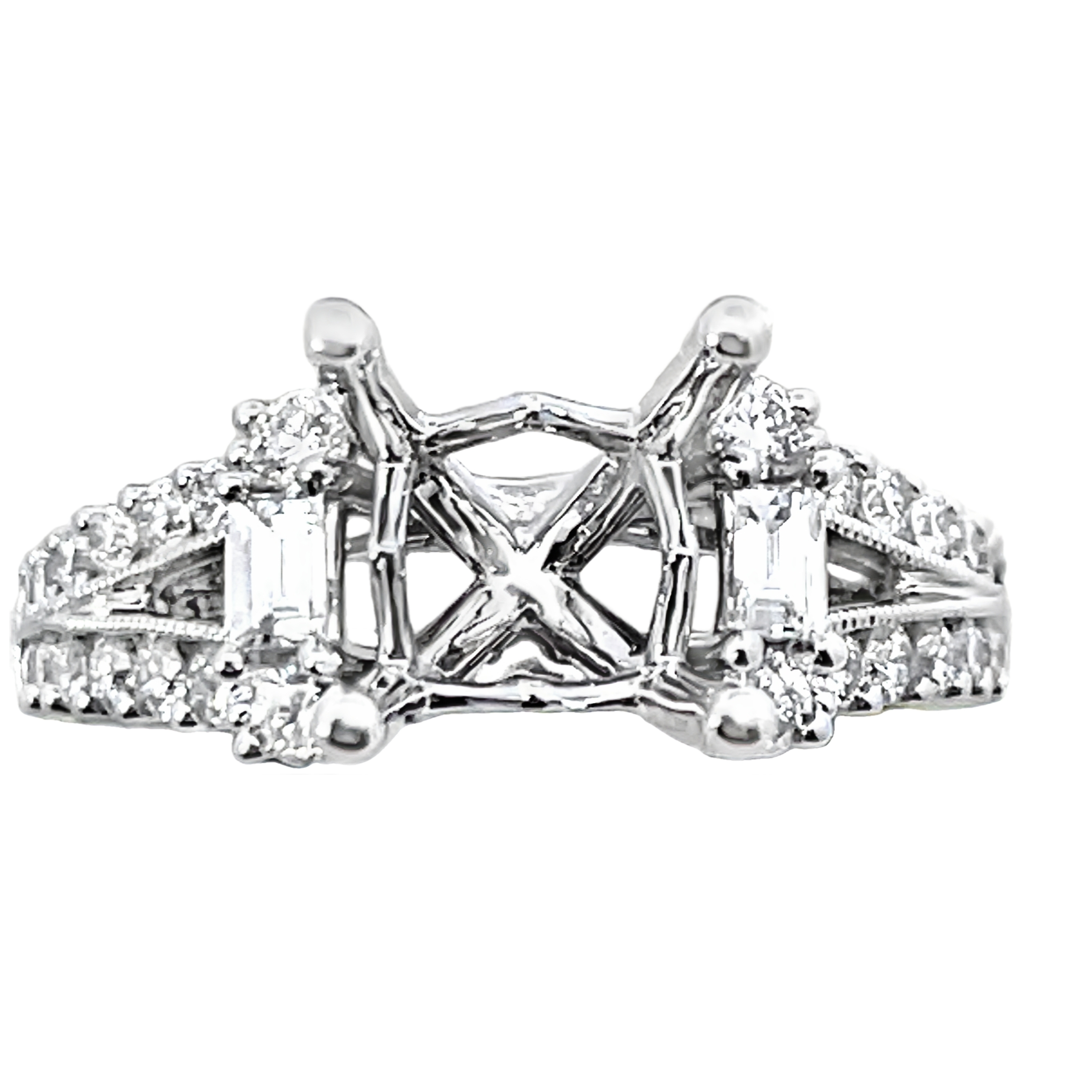 .75CTW V-SHANK ENGAGEMENT RING SEMI MOUNTING CONTAINING: 2 BAGUETTE DIAMONDS + 28 ROUND DIAMONDS 14KW