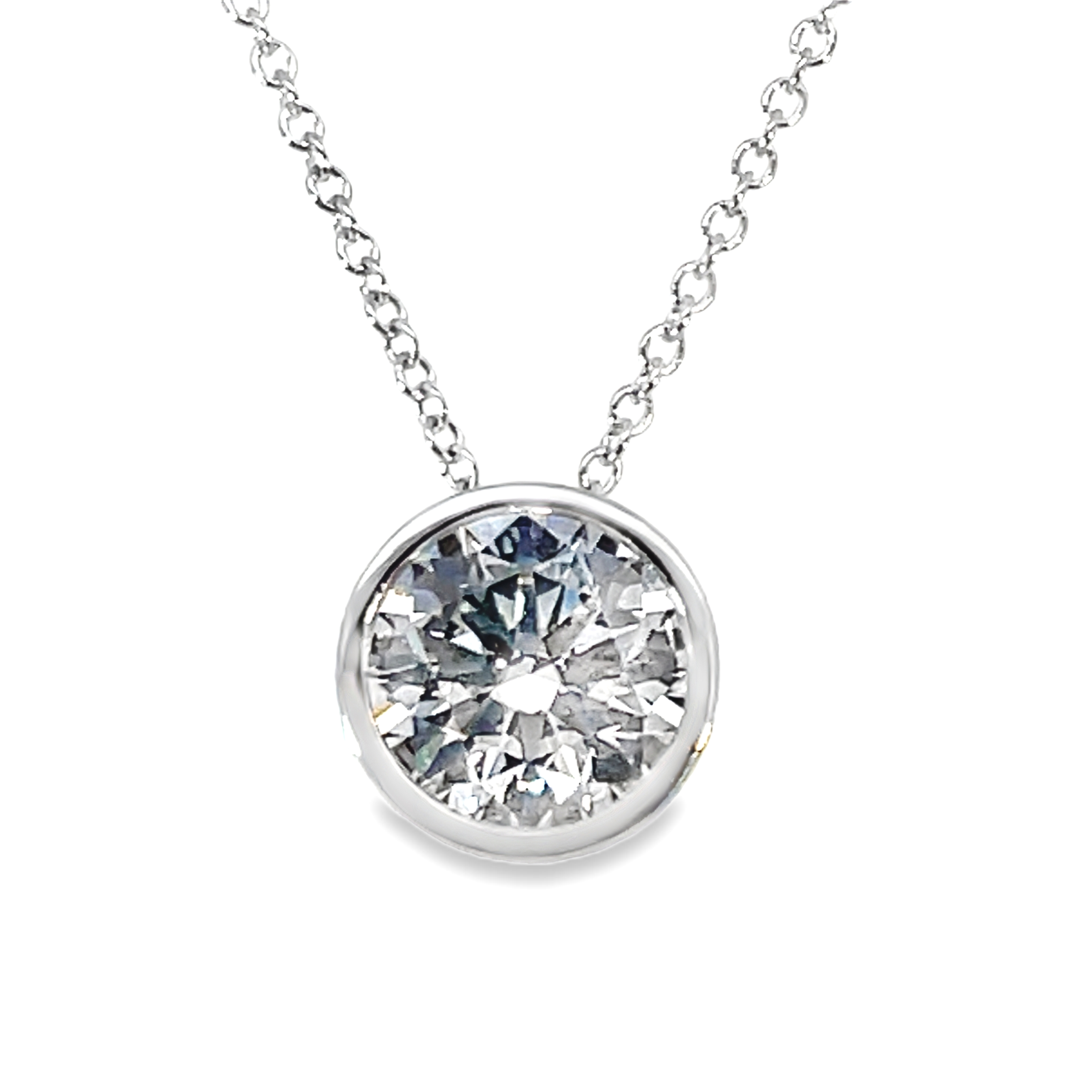SUPER MAN MADE CREATED 2.01CT ROUND BEZEL-SET DIAMOND SOLITAIRE PENDANT/CHAIN F VVS2 IGI LG652427246 14KW CHAIN INCLUDED