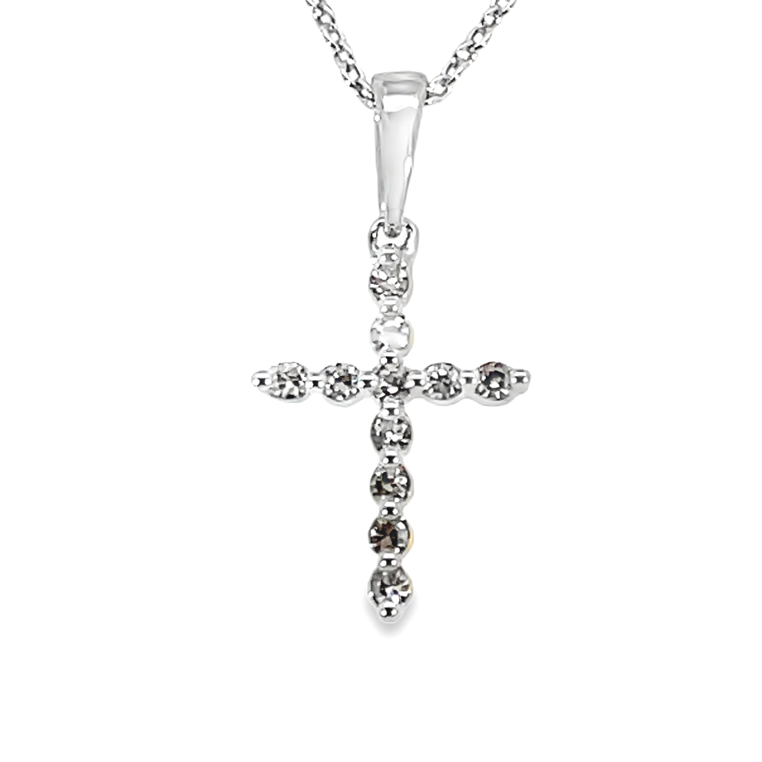.10CTW 11 ROUND DIAMOND CROSS PETITE PENDANT/CHAIN SILVER
