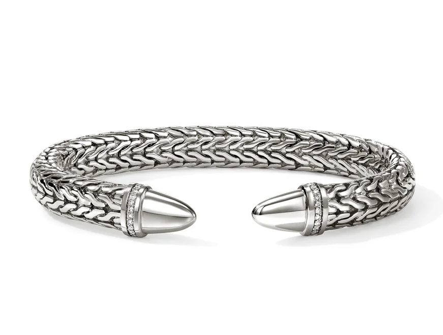 JOHN HARDY SPEAR 50 SILVER DIAMOND PAVE 8.9MM FLEX CUFF MEDIUM .25CTW