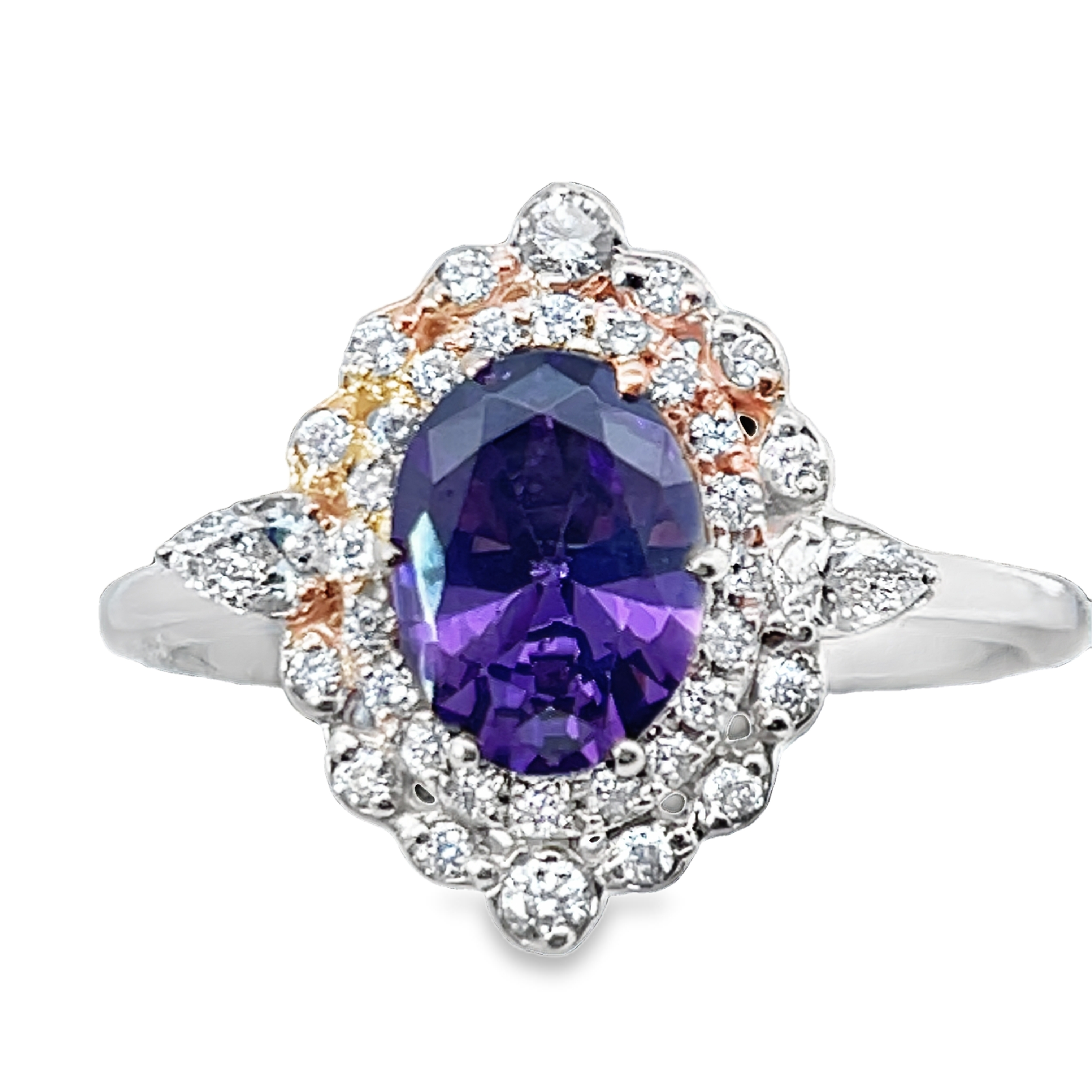 1.80CT OVAL AMETHYST + TRUE ROMANCE 2 PS+34 RD DIA.=35CTW RING 14KRW
