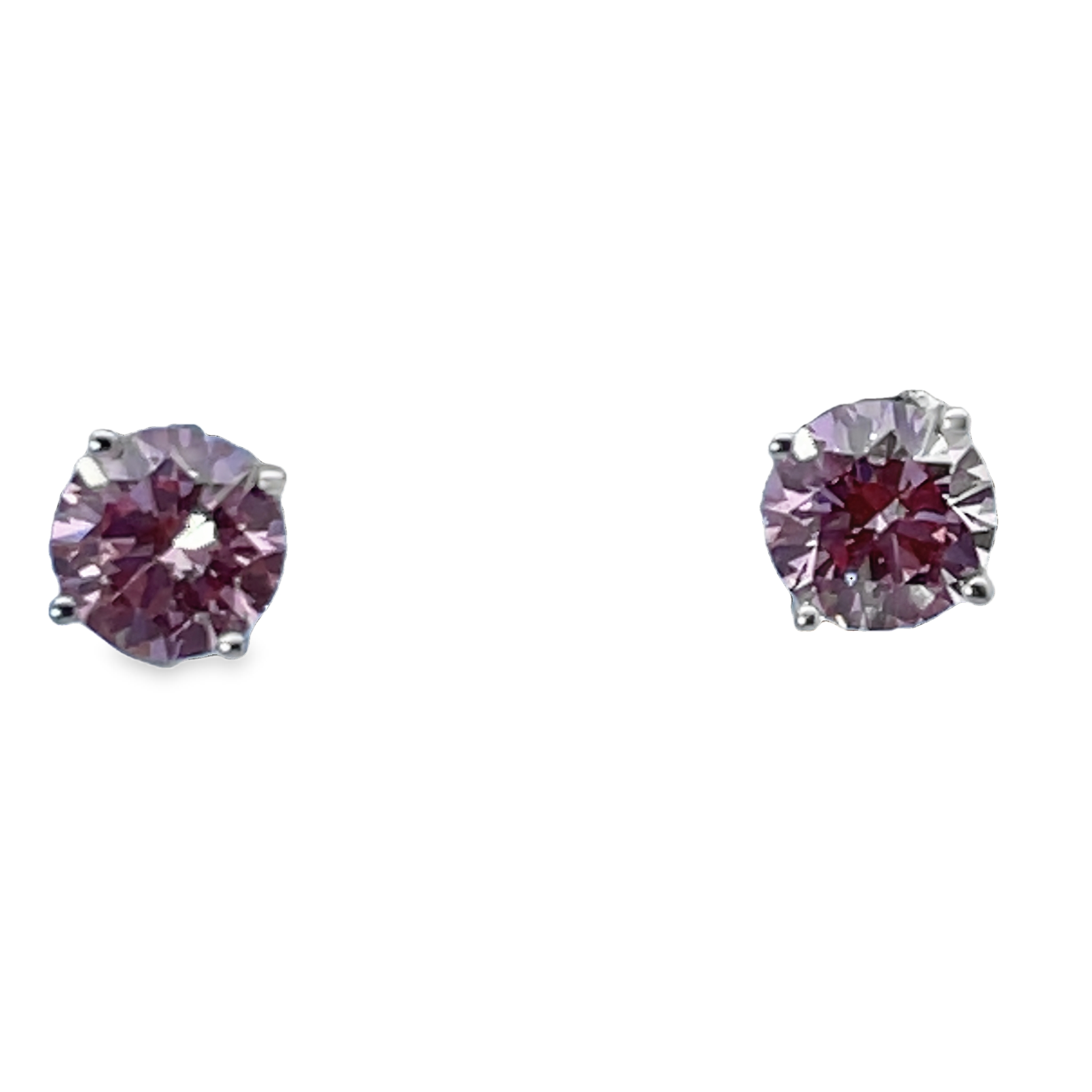 SUPER MAN MADE CREATED 1.40CTW FANCY VIVID PINK ROUND DIAMOND STUD EARRINGS VVS2-VS1 14KW CONTAINING: .69CT ROUND FVP DIA VVS2 IGI LG598330309 + .71CT ROUND FVP DIA VS1 IGI LG593370446