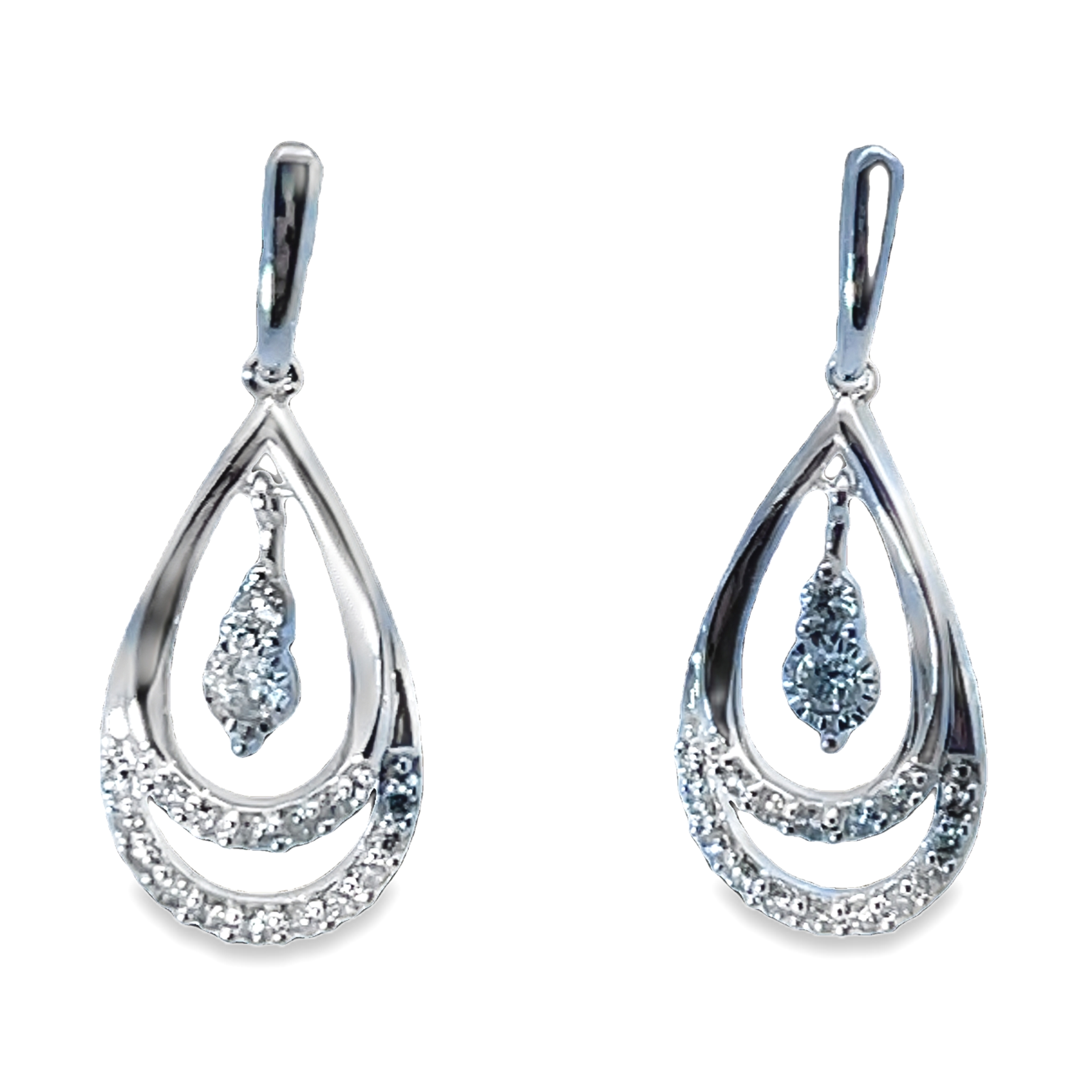 1/3CTW 36 ROUND DIAMOND DOUBLE-TEARDROP DANGLE EARRINGS 10KW