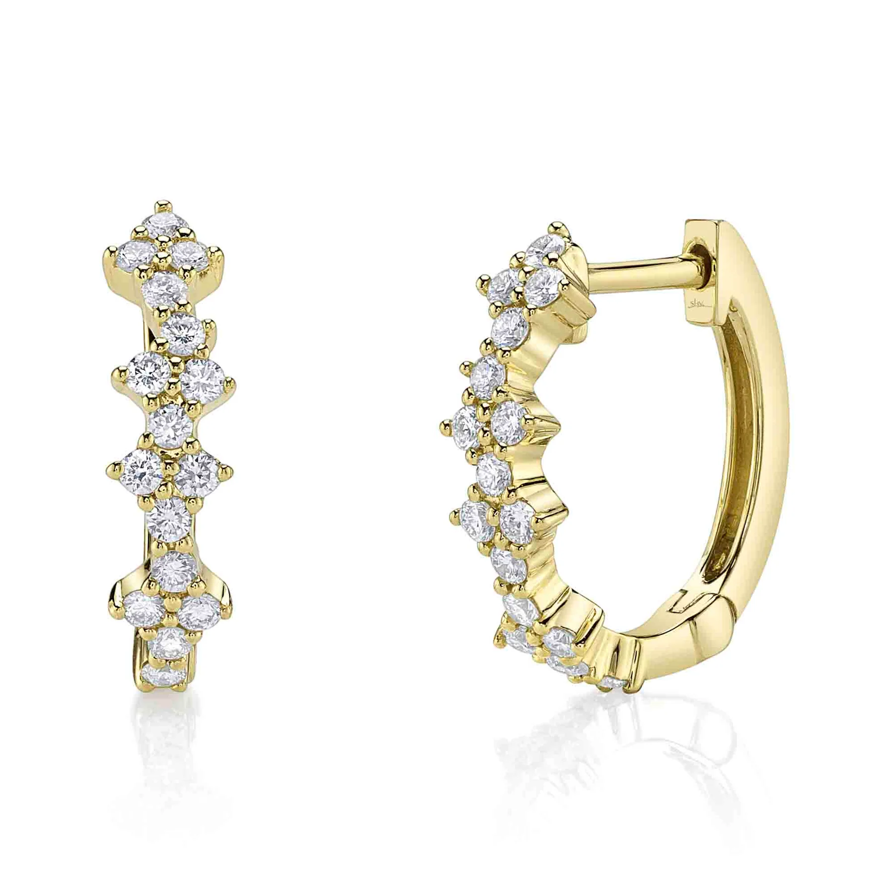 .37CTW DIAMOND QUATREFOIL STATIONS OVAL HUGGIE  HOOP EARRINGS CONTAINING: 32 ROUND DIAMONDS 14KY