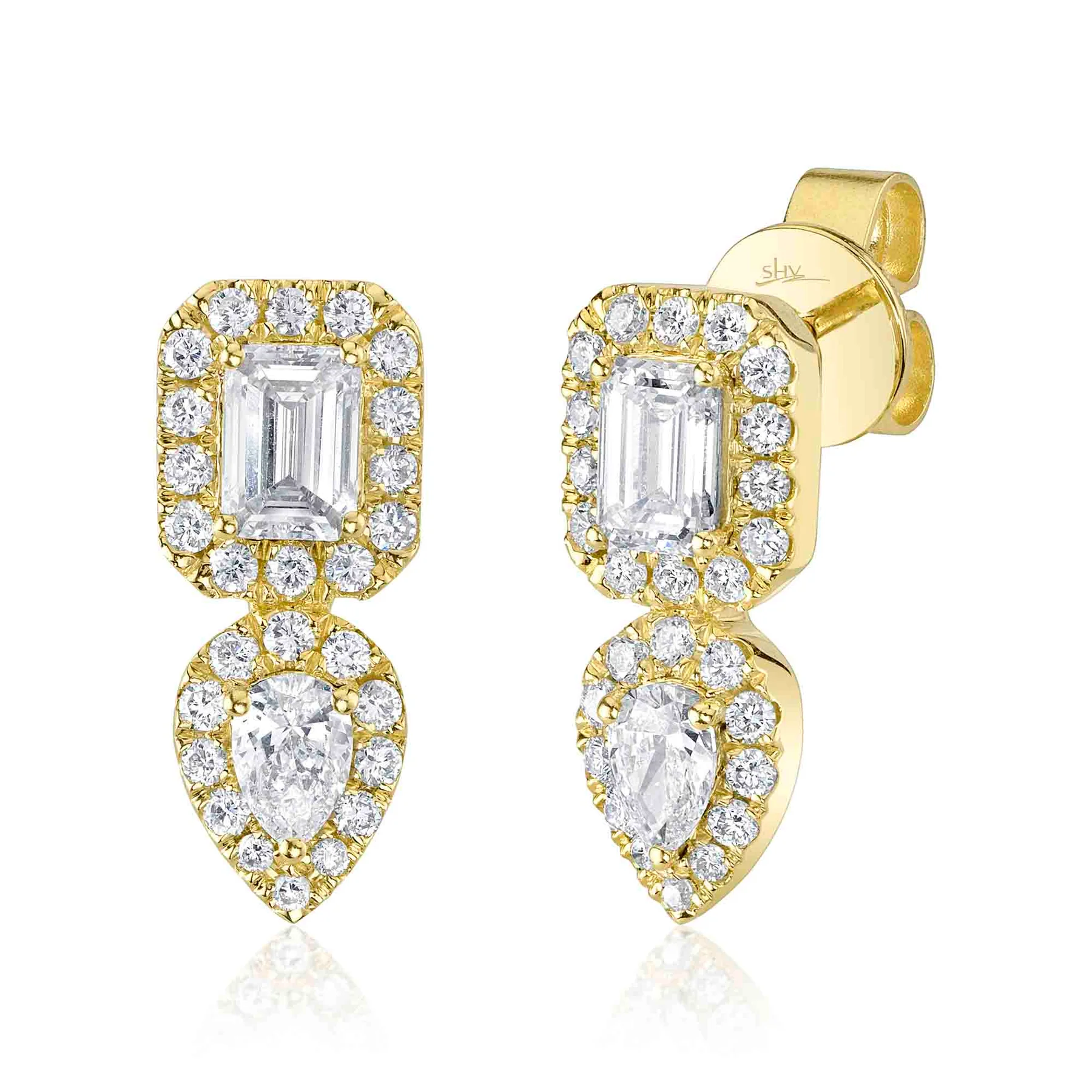 1.50CTW FANCY DIAMOND EARRINGS CONTAINING: 2 EMERALD CUT + 2 PEAR SHAPE + 52 ROUND HALO DIAMONDS 14KY