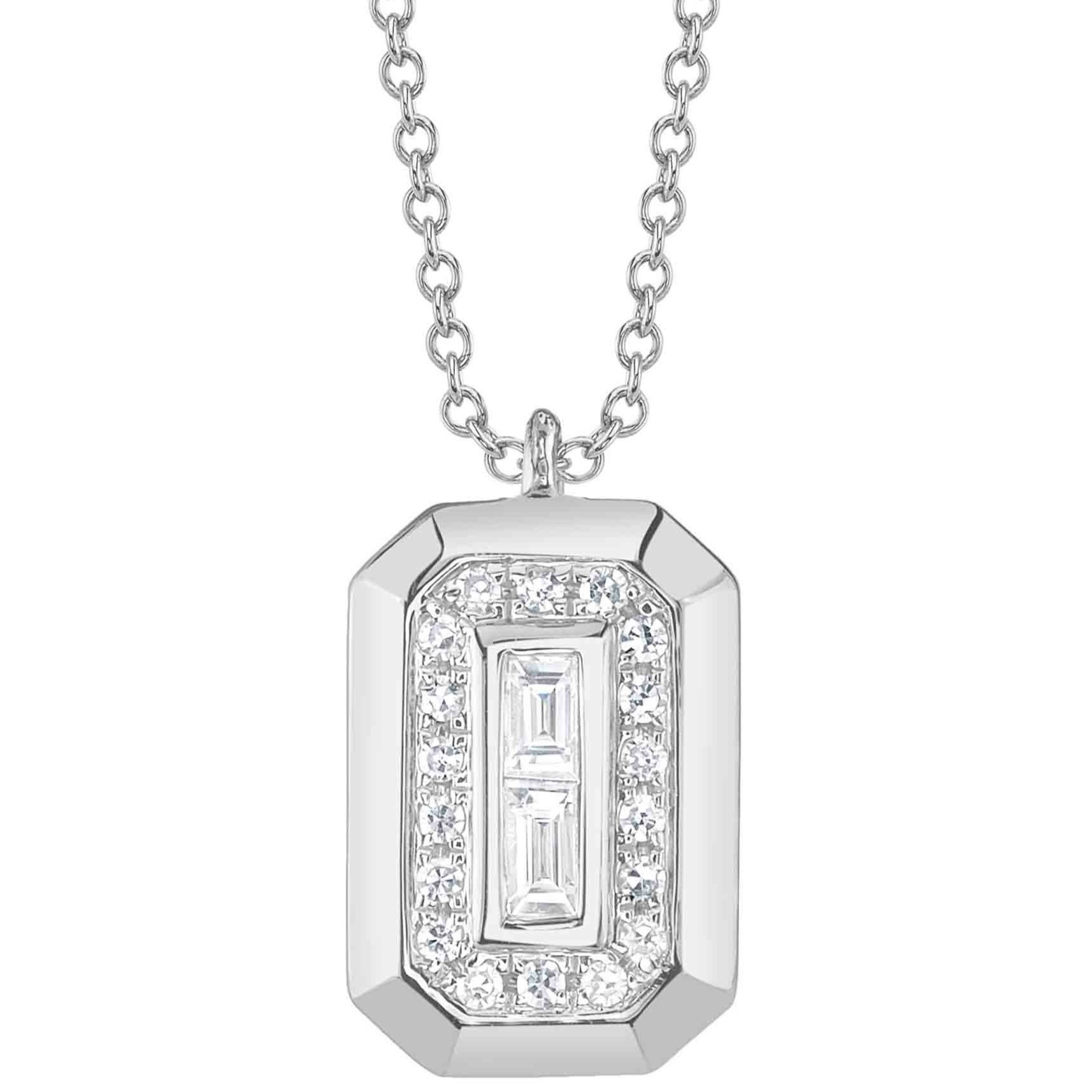 .09CTW DIAMOND RECTANGULAR PENDANT/CHAIN CONTAINING: 2 BEZEL-SET BAGUETTE DIAMONDS + 18 ROUND PRONG-SET HALO DIAMONDS 14KW  CHAIN INCLUDED