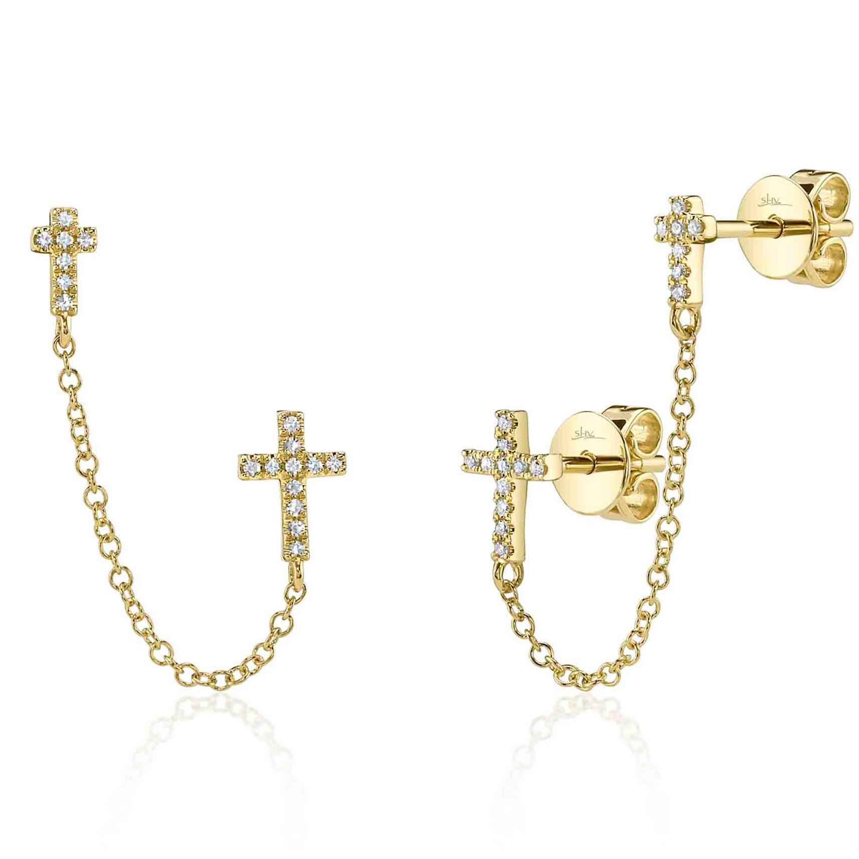 .08CTW CHAINED DOUBLE-CROSS DIAMOND EARRINGS CONTAINING: 36 ROUND DIAMONDS 14KY
