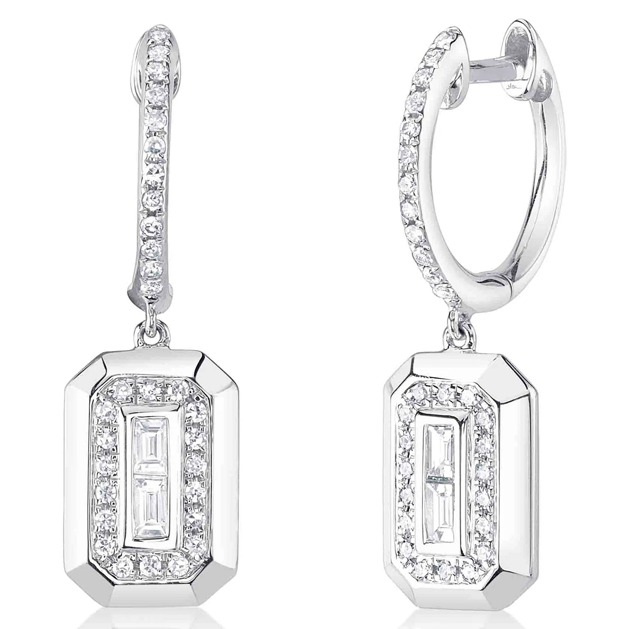.26CTW RECTANGULAR DROP DIAMOND EARRINGS CONTAINING: 4 BEZEL-SET BAGUETTES + 60 ROUND PRONG-SET HALO DIAMONDS 14KW